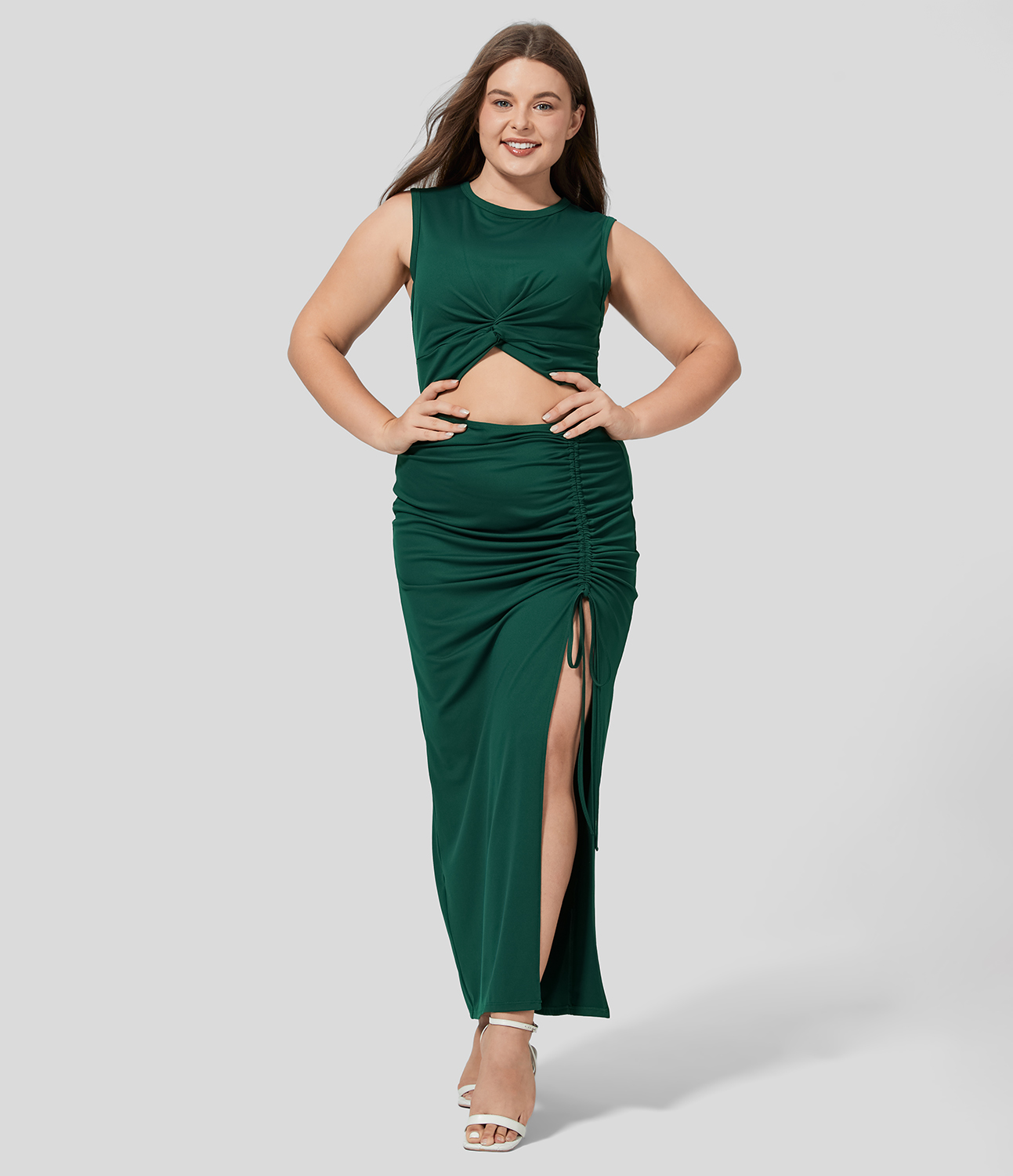 

Halara Round Neck Twisted Cut Out Ruched Drawstring Split Hem Bodycon Midi Casual Plus Size Dress Plus Size Dress - Rain Forest