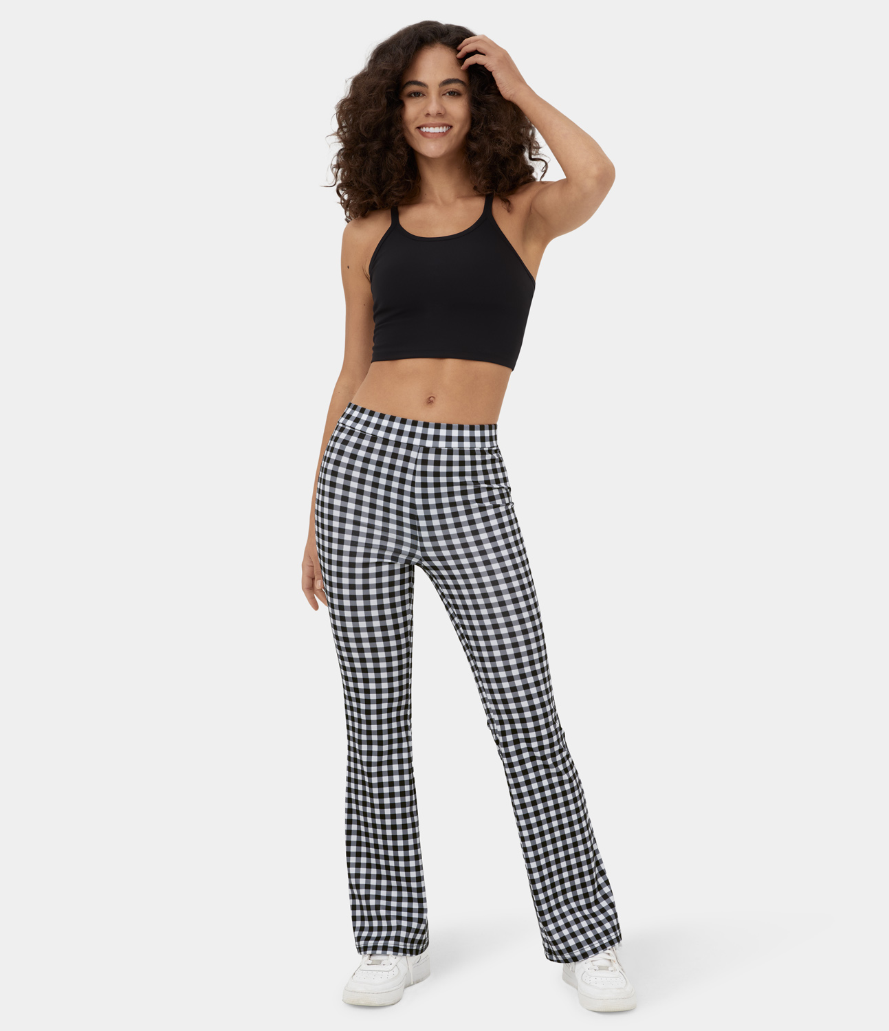 Halara High Waisted Plaid Flare Casual Pants  - White Black Plaid - M sweatpants jogger pants stacked sweatpants cargo joggers 