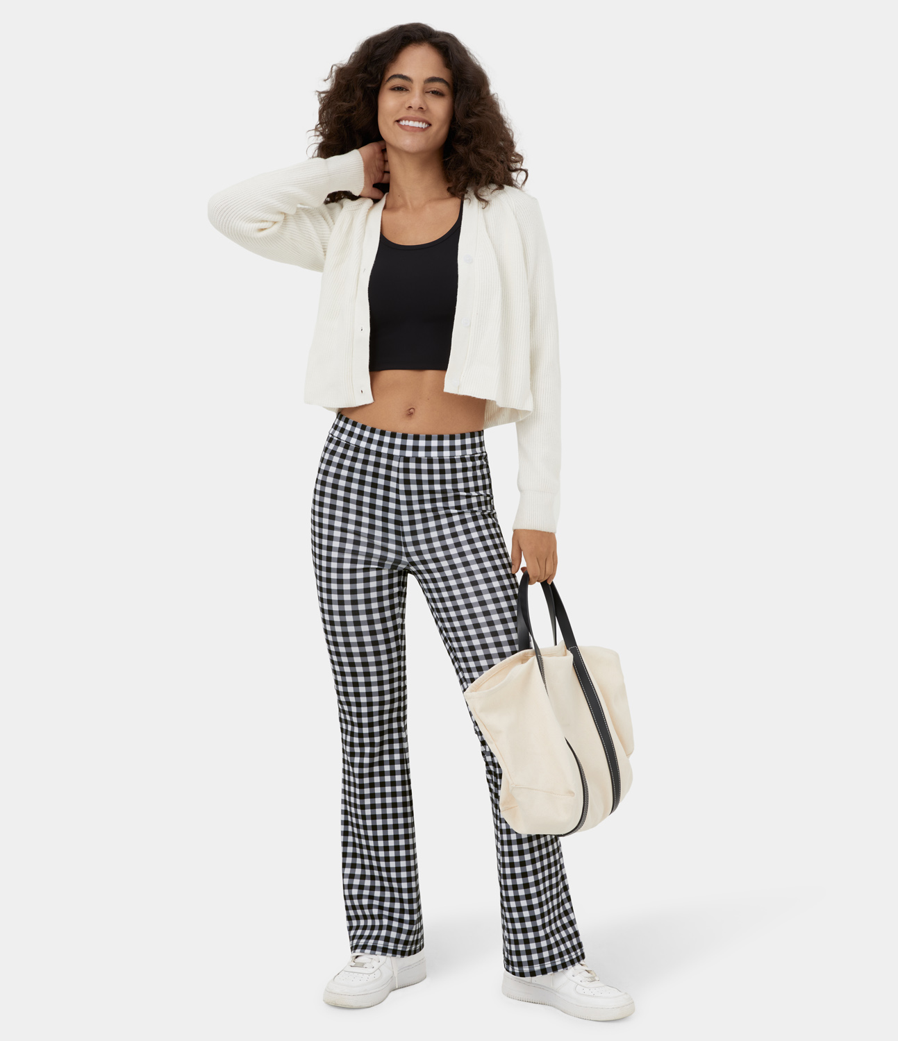 Halara High Waisted Plaid Flare Casual Pants  - White Black Plaid - M sweatpants jogger pants stacked sweatpants cargo joggers 