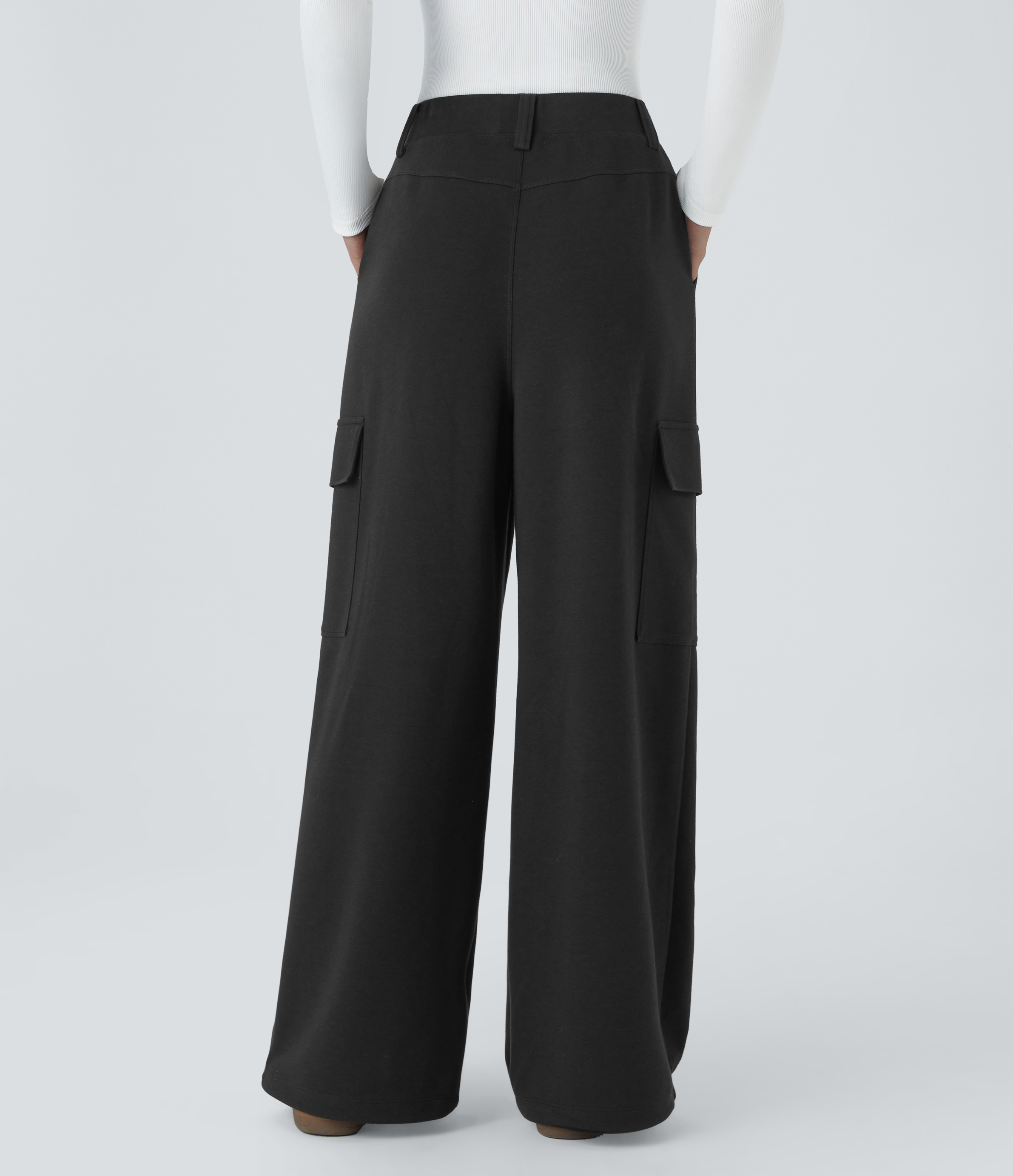 Halara High Waisted Plicated Multiple Pockets Adjustable Drawcord Hem Wide Leg Casual Pants  - Black - L(regular) 