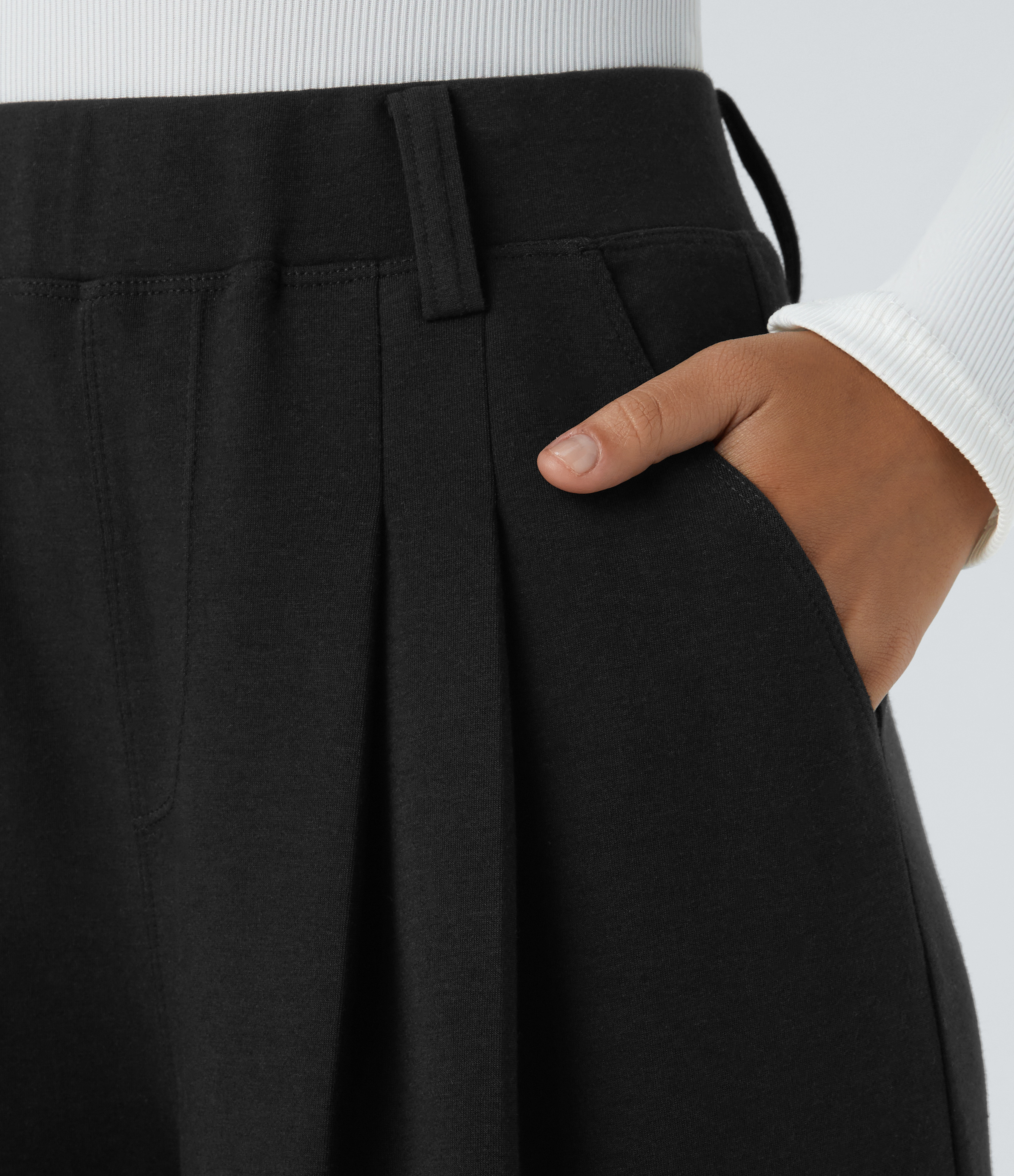 Halara High Waisted Plicated Multiple Pockets Adjustable Drawcord Hem Wide Leg Casual Pants  - Black - L(regular) 