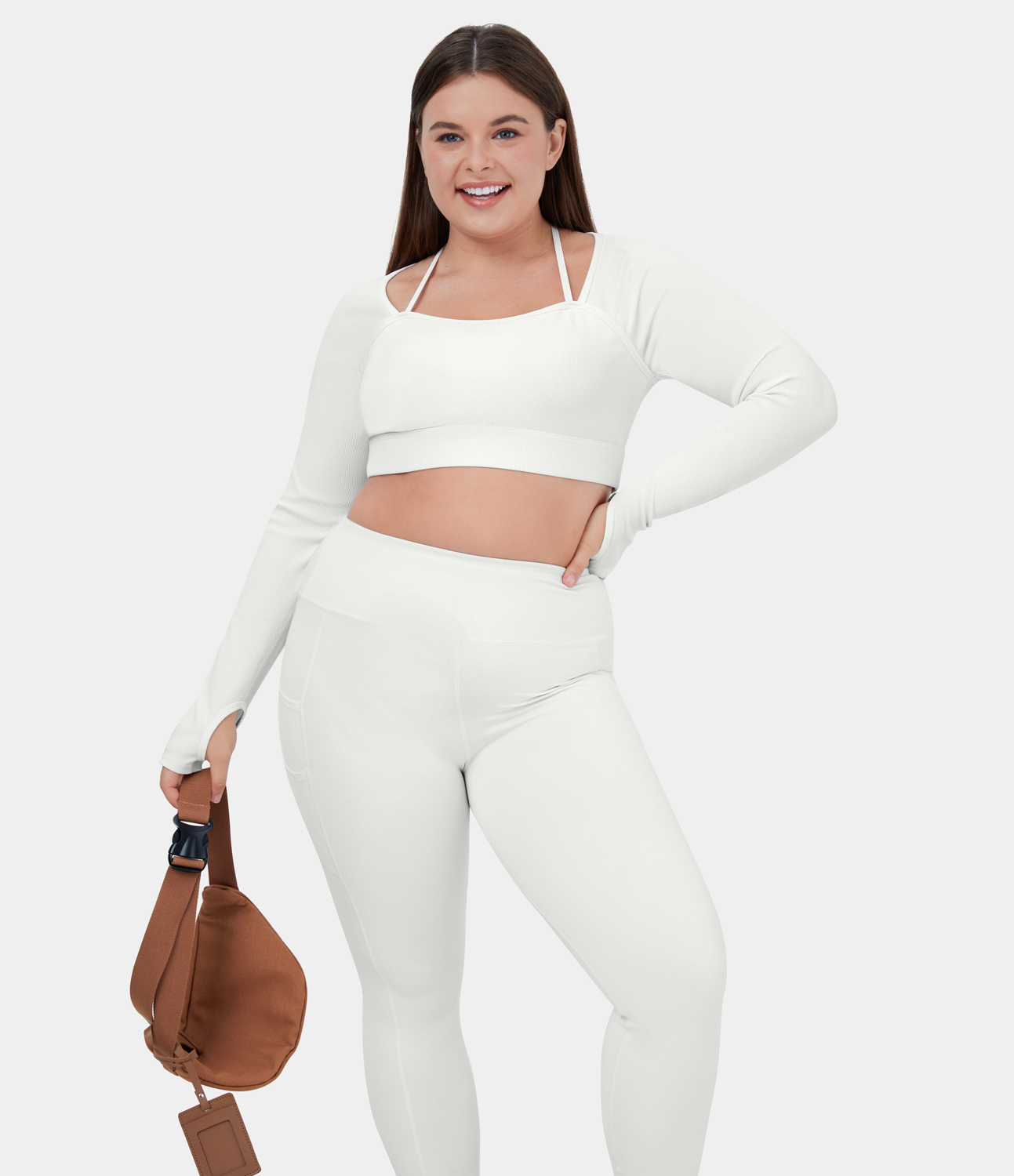 Halara Ribbed Halter Strap Thumb Hole Plus Size Cropped Yoga Sports Top  - White - 2X 