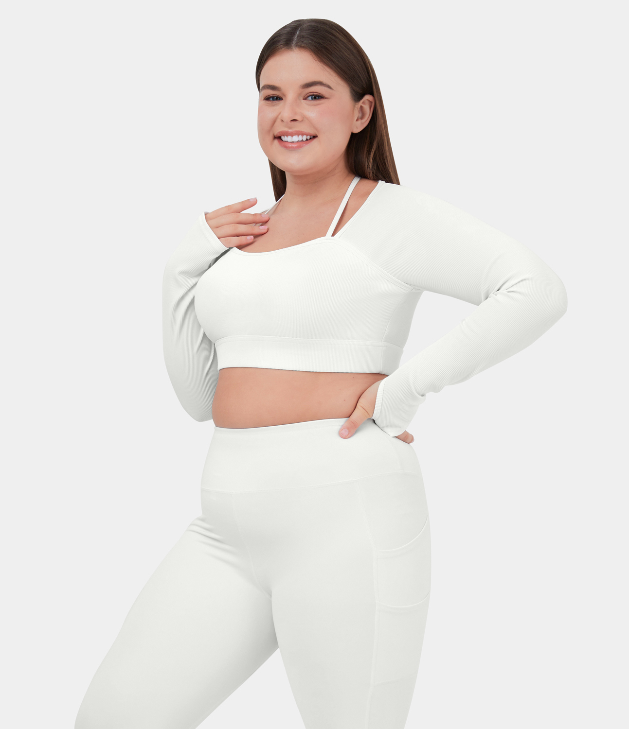 Halara Ribbed Halter Strap Thumb Hole Plus Size Cropped Yoga Sports Top  - White - 2X 
