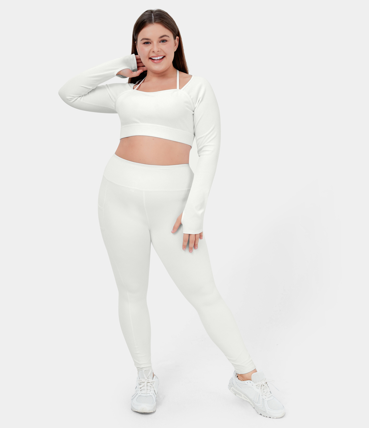 Halara Ribbed Halter Strap Thumb Hole Plus Size Cropped Yoga Sports Top  - White - 2X 