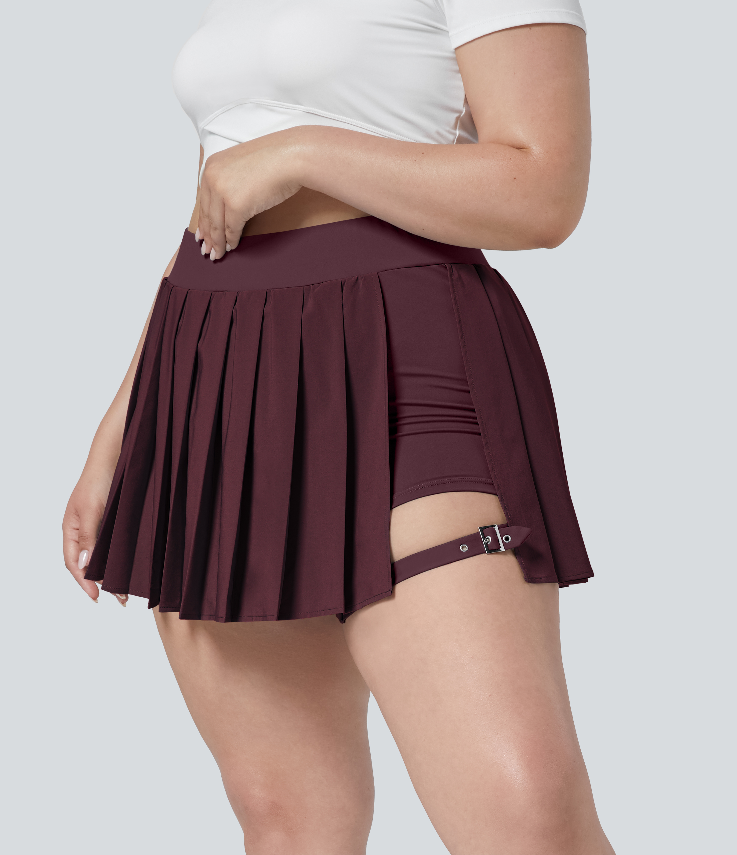 Halara Breezefulв„ў High Waisted Pleated 2-in-1 Side Pocket Adjustable Buckle Quick Dry Mini Casual Plus Size Skirt  - Berry Red - 2X(regular) 