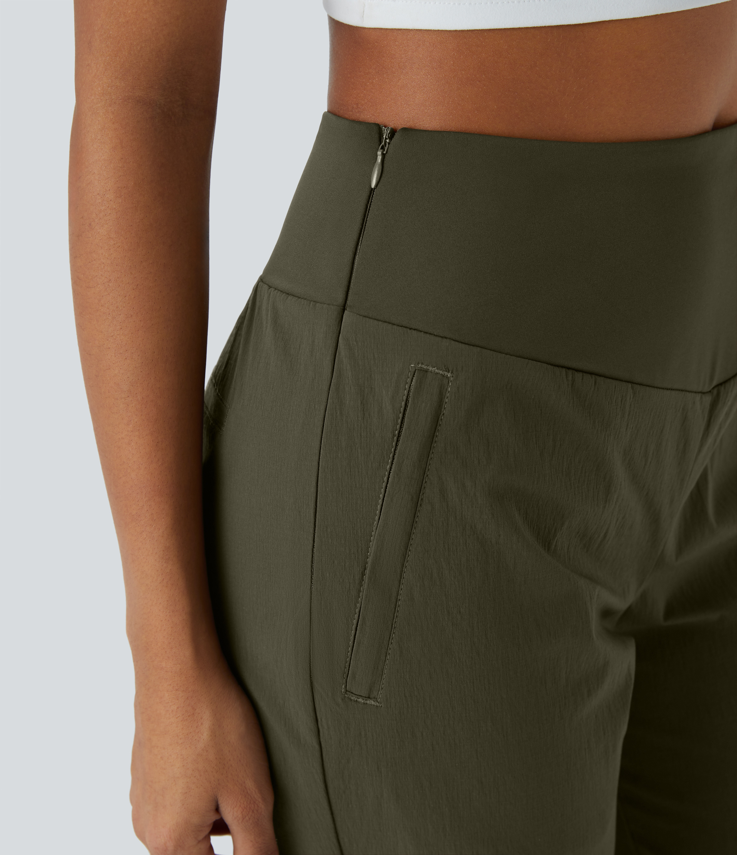 Halara Water Repellent High Waisted Invisible Zipper Side Pocket Ripstop Camping Pants  - Twilight Green - M(regular) 