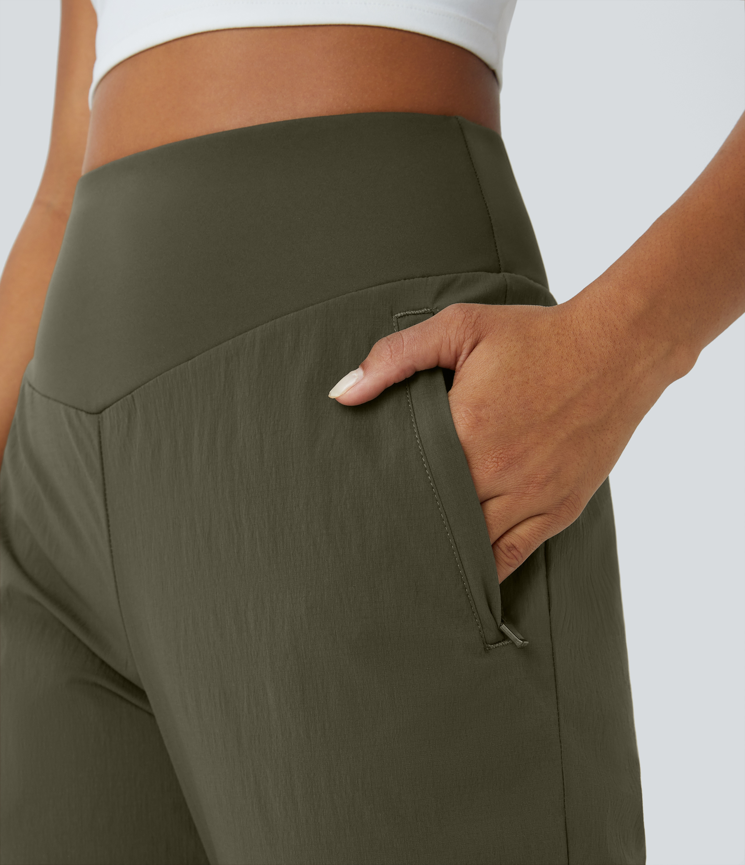 Halara Water Repellent High Waisted Invisible Zipper Side Pocket Ripstop Camping Pants  - Twilight Green - M(regular) 