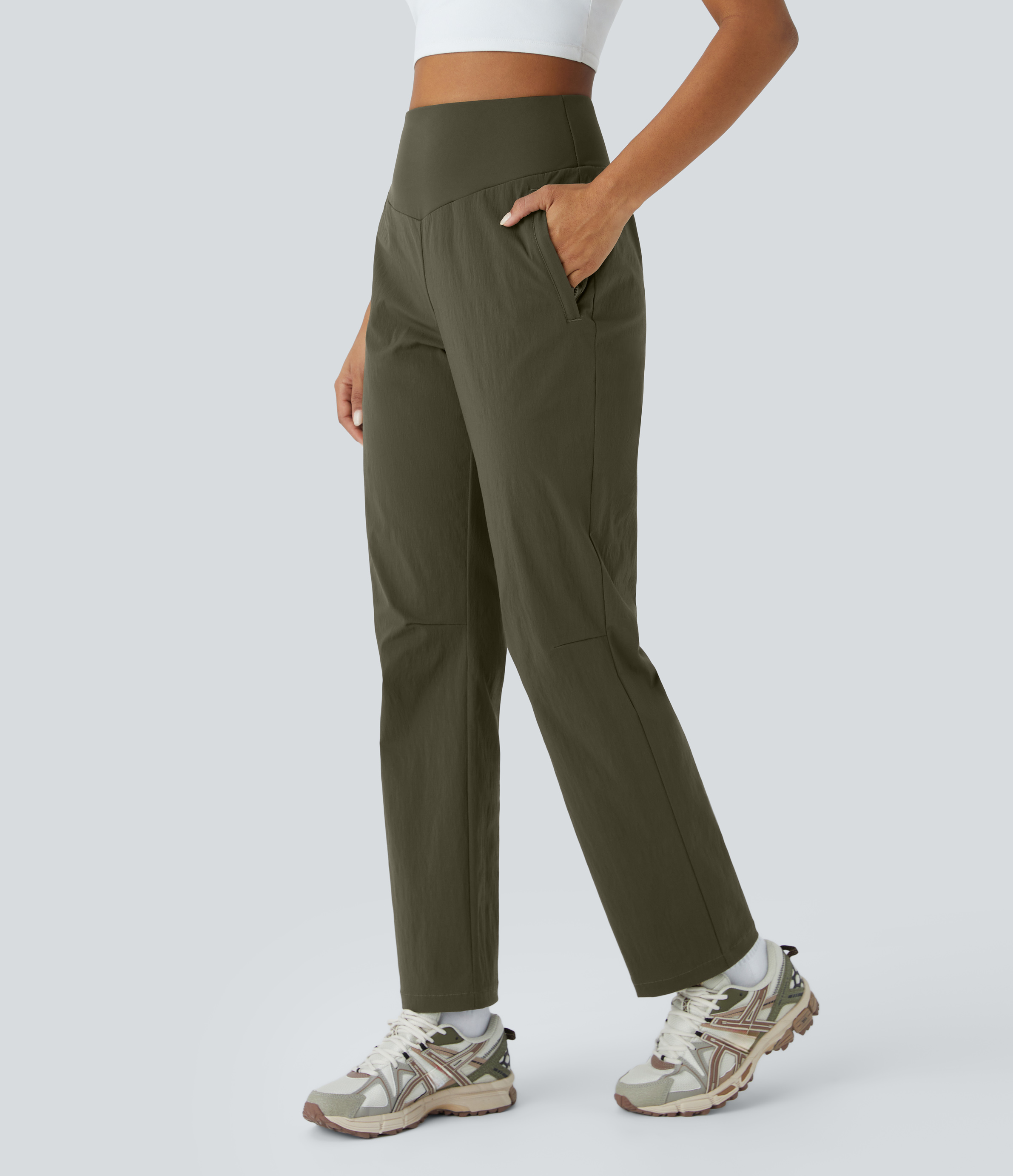 Halara Water Repellent High Waisted Invisible Zipper Side Pocket Ripstop Camping Pants  - Twilight Green - M(regular) 