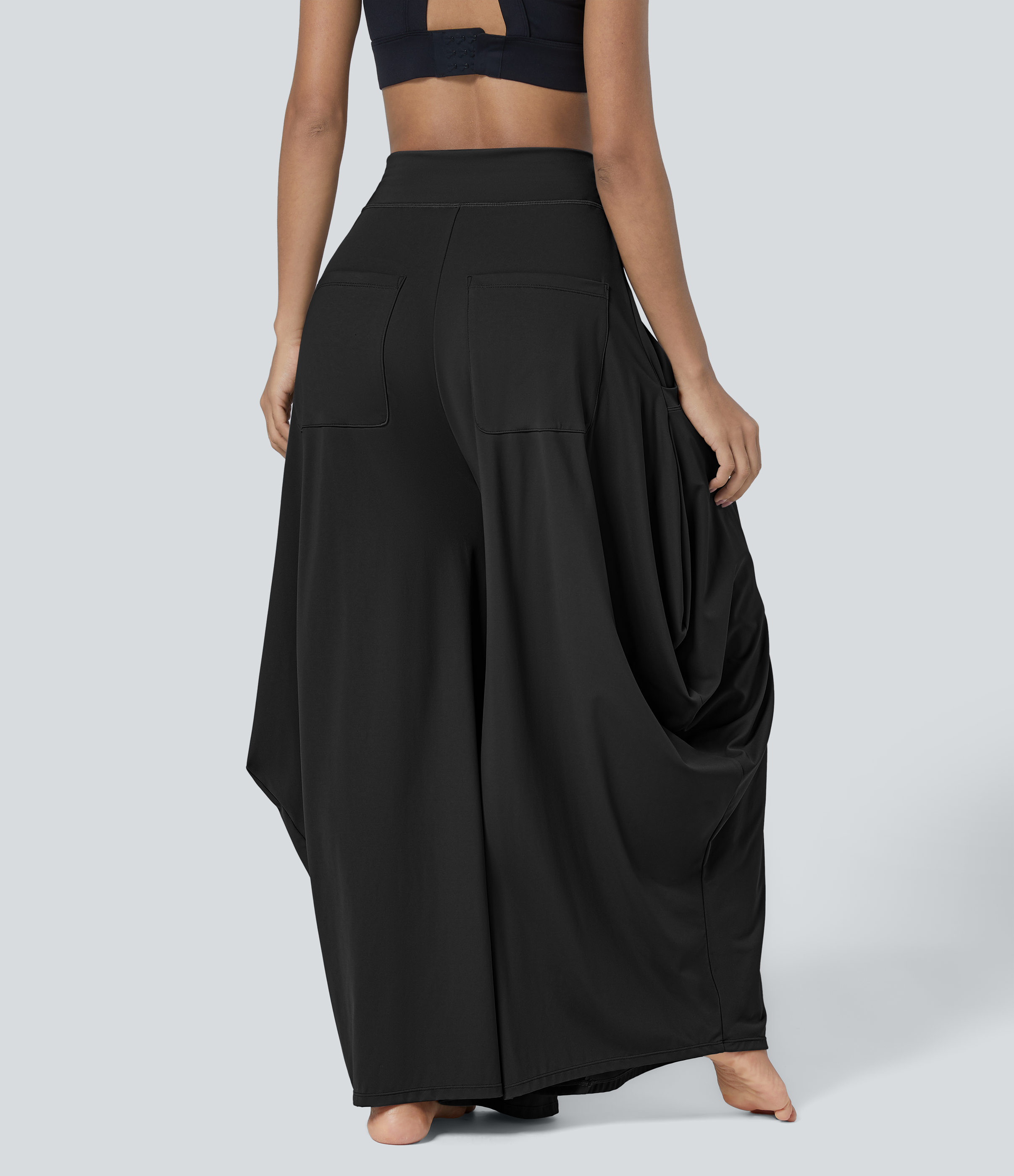 Halara Mid Rise Multiple Pockets Draped Wide Leg Casual Pants  - Black - M(regular) 