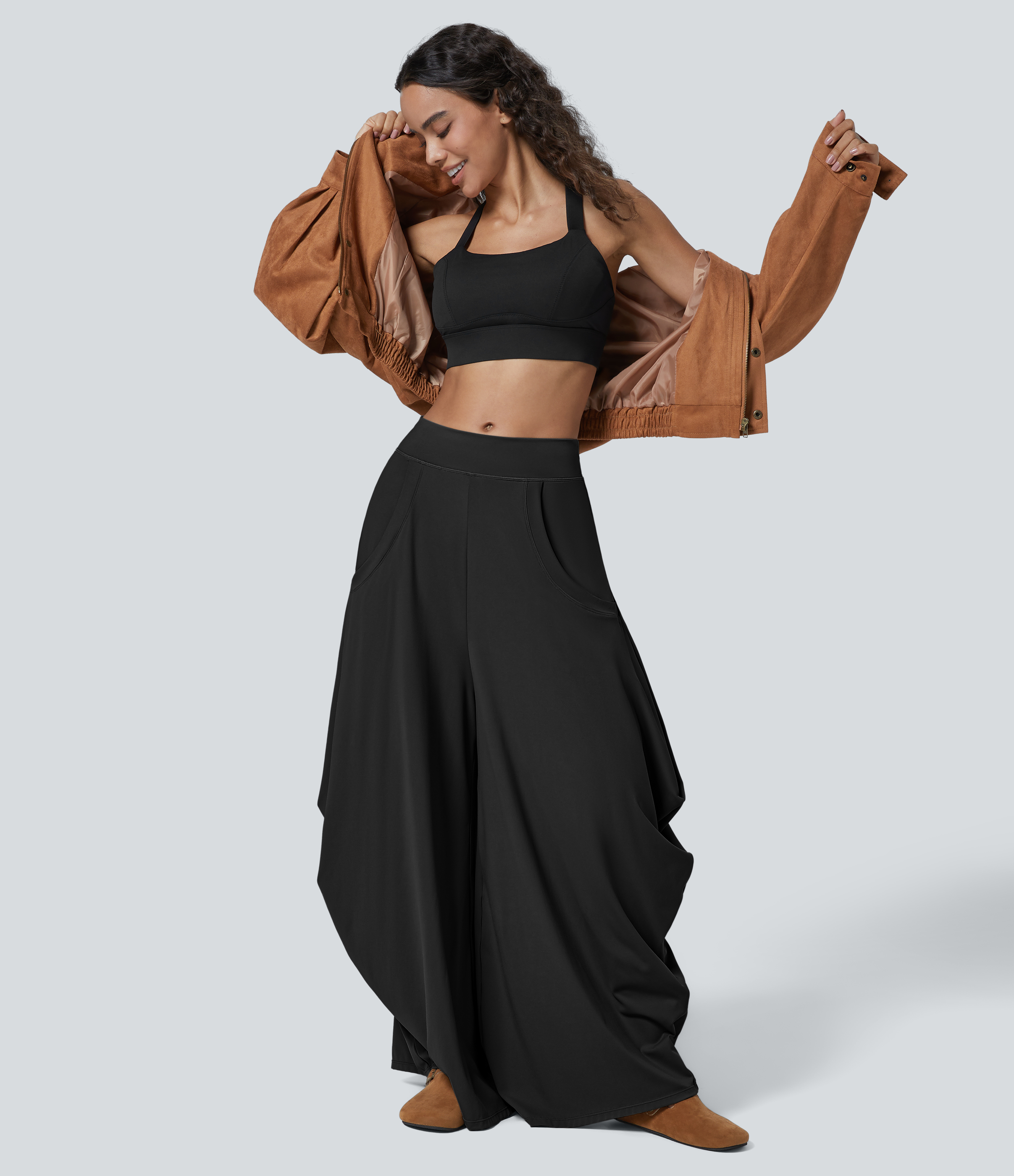 Halara Mid Rise Multiple Pockets Draped Wide Leg Casual Pants  - Black - M(regular) 