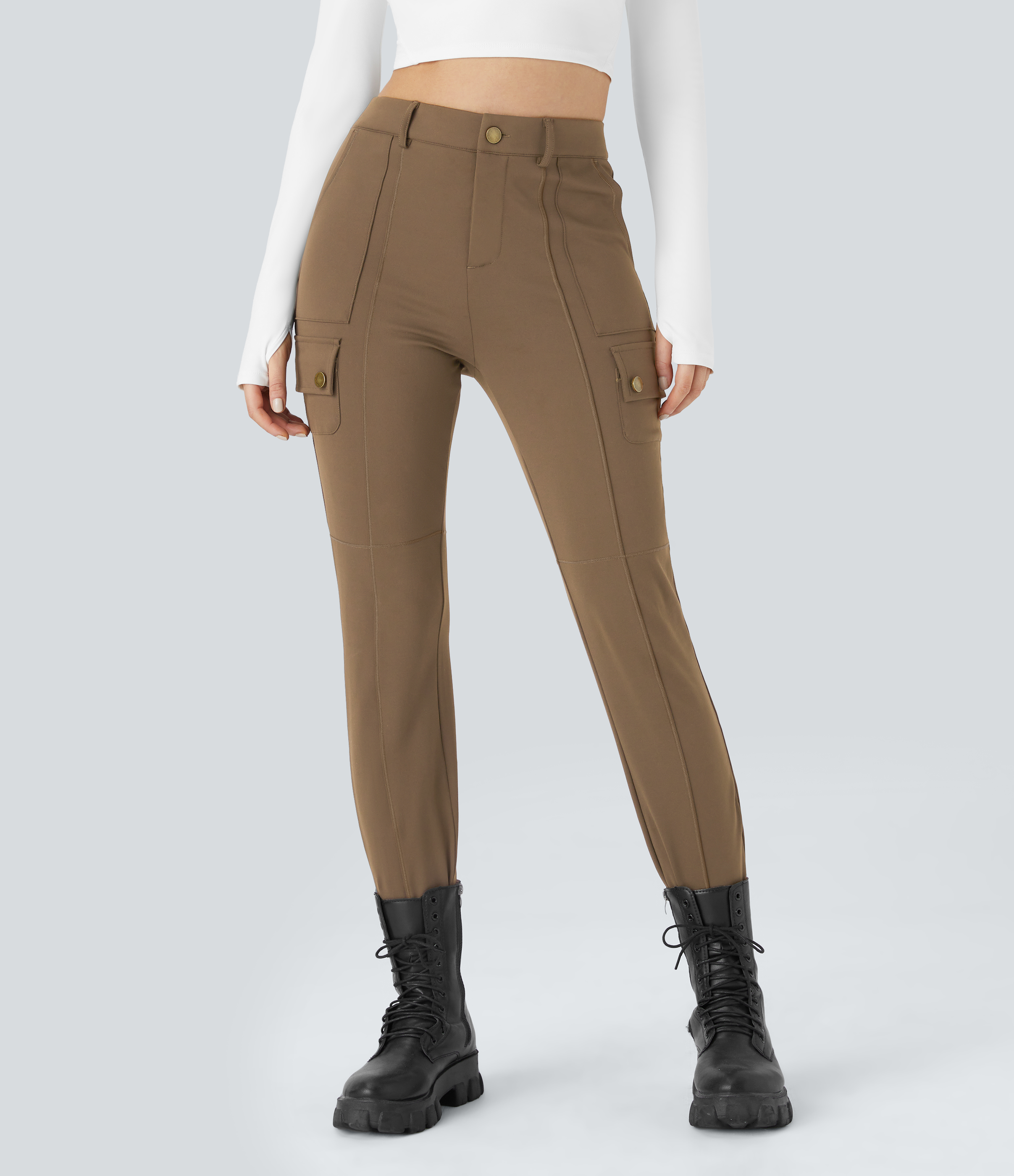 Halara High Waisted Button Zipper Multiple Pockets Solid Skinny Cargo Pants  - Sepia - L(petite) 
