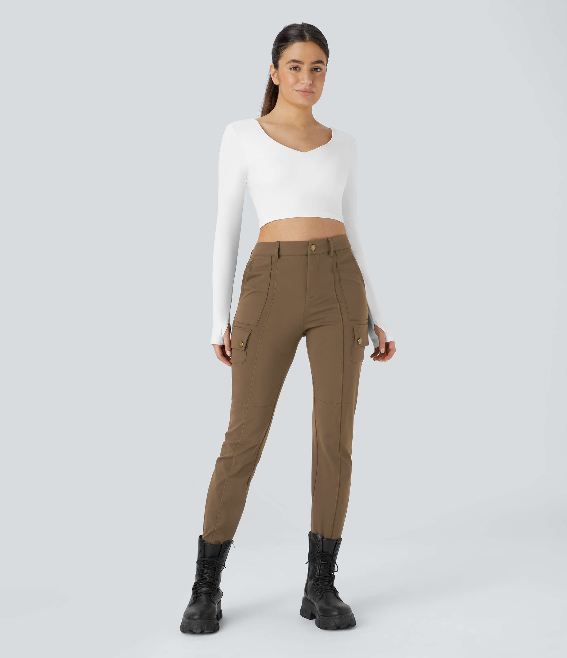 Halara High Waisted Button Zipper Multiple Pockets Solid Skinny Cargo Pants  - Sepia - L(petite) 
