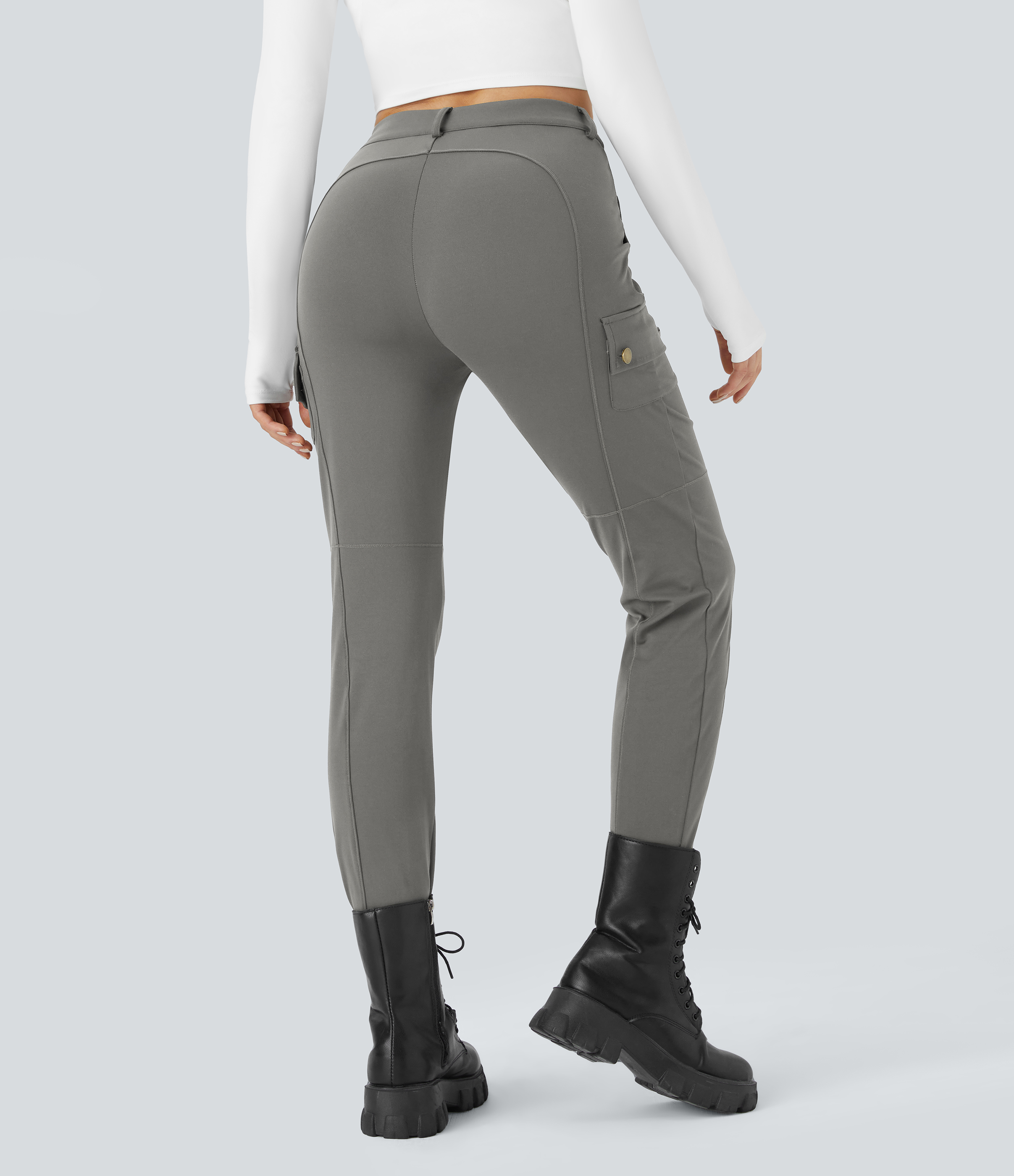 Halara High Waisted Button Zipper Multiple Pockets Solid Skinny Hiking Cargo Pants  - Silent Storm - M(petite) 