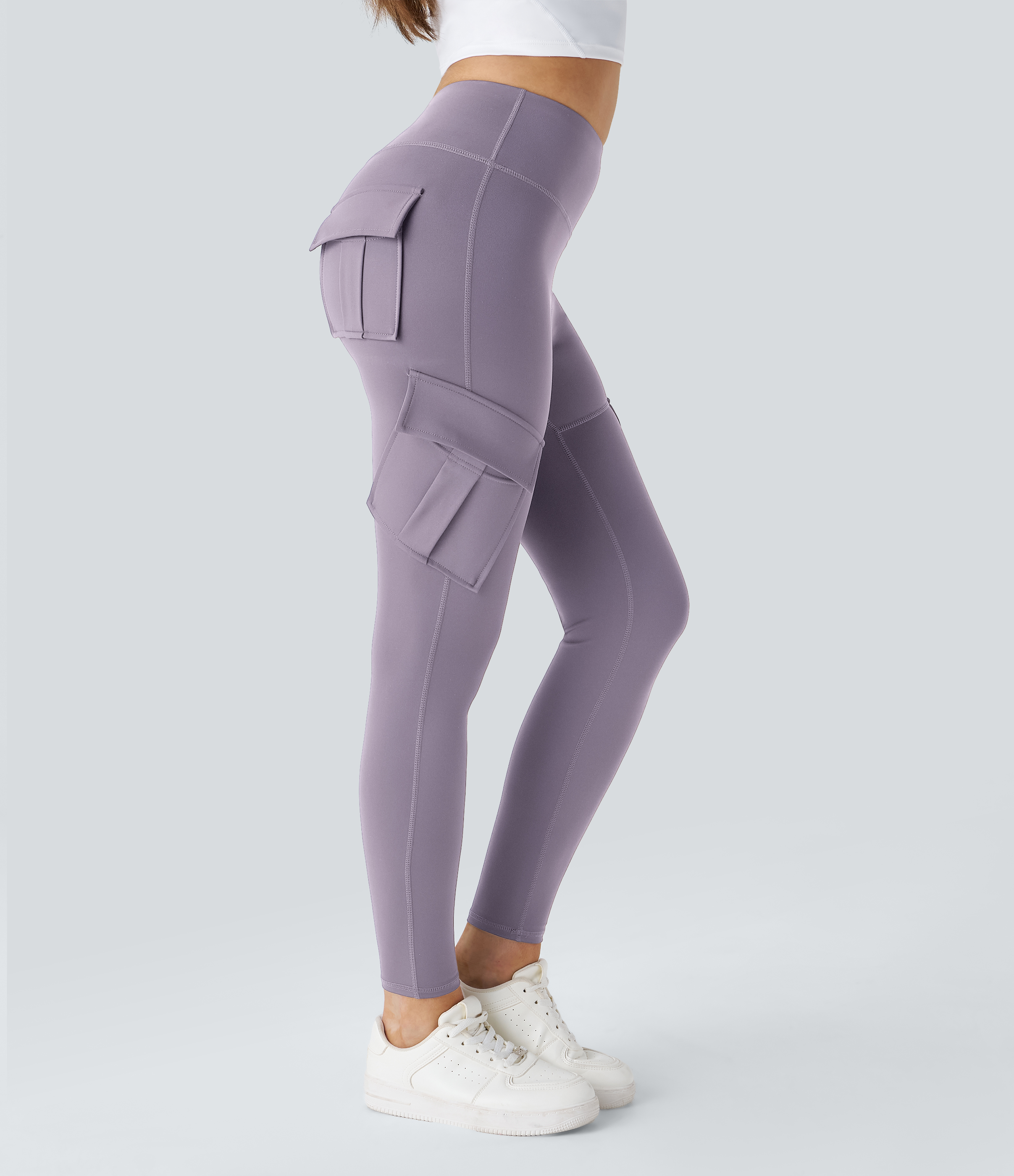 Halara High Waisted Cargo Pocket Skinny Yoga Leggings  - Purple Ash - XL(7/8) gym leggings leggings with pockets leggings with butt lift 