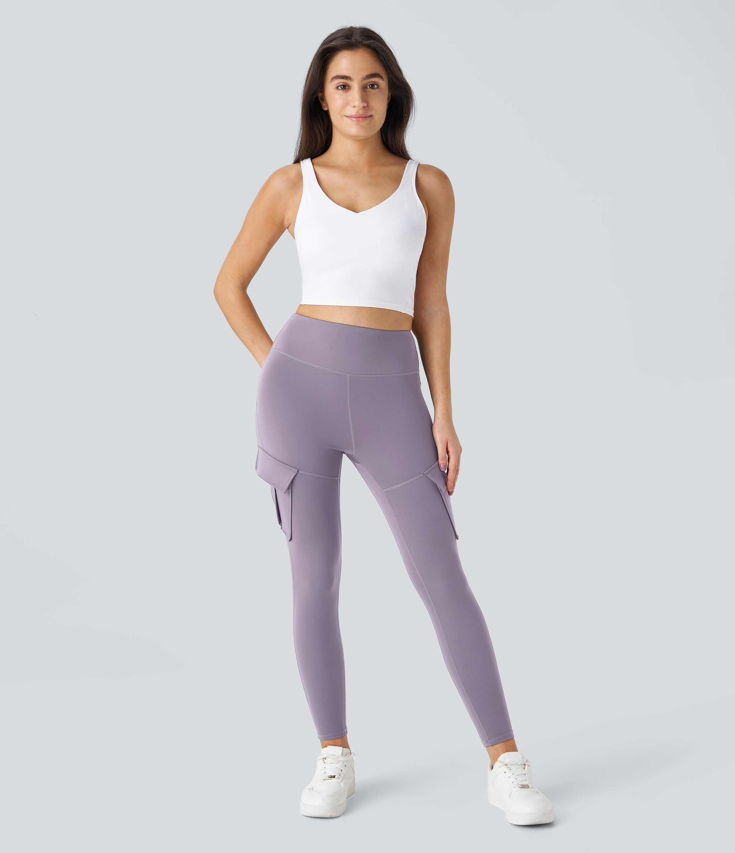 Halara High Waisted Cargo Pocket Skinny Yoga Leggings  - Purple Ash - XL(7/8) gym leggings leggings with pockets leggings with butt lift 