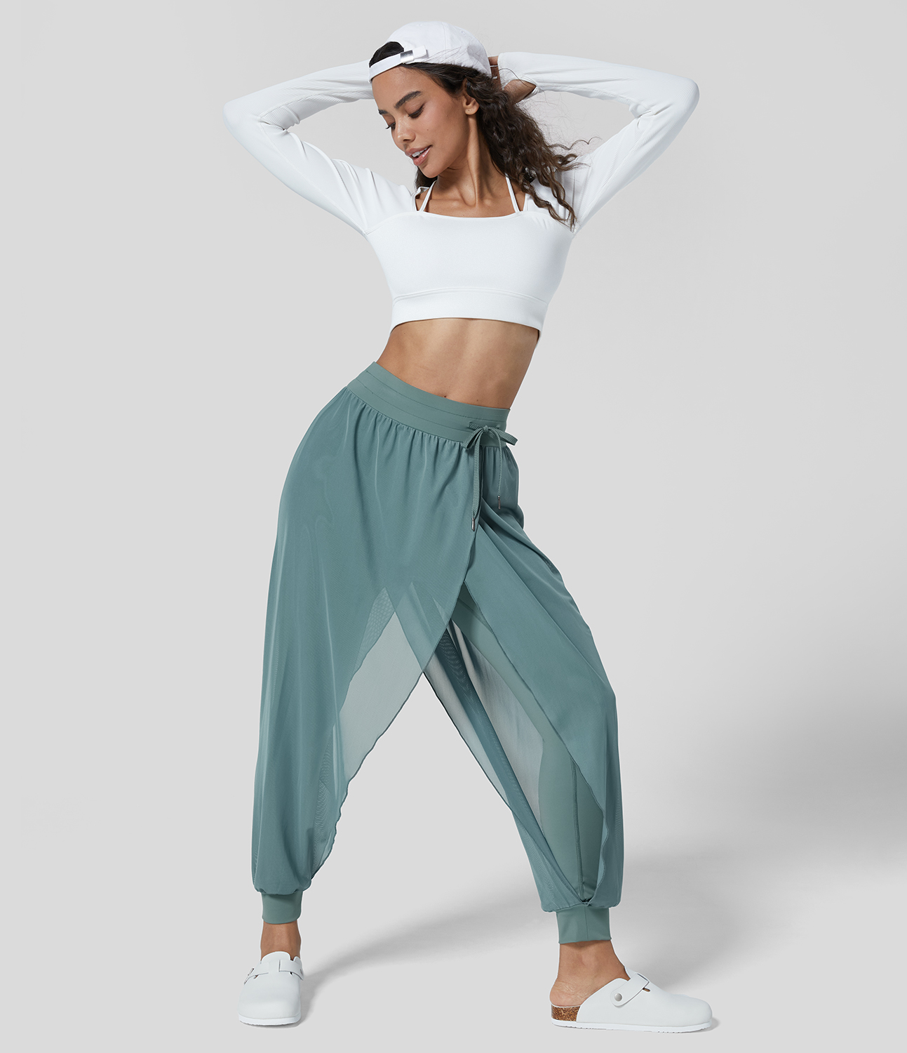 Halara High Waisted Side Drawstring Contrast Mesh Flowy Solid Yoga Joggers  - Mineral Blue - M 
