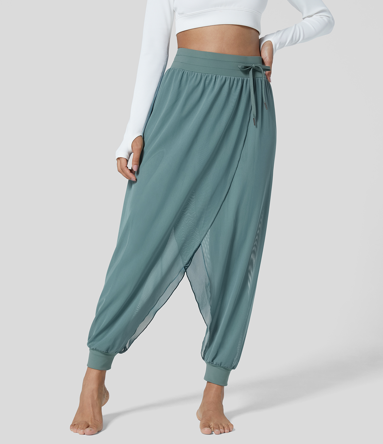 Halara High Waisted Side Drawstring Contrast Mesh Flowy Solid Yoga Joggers  - Mineral Blue - M 