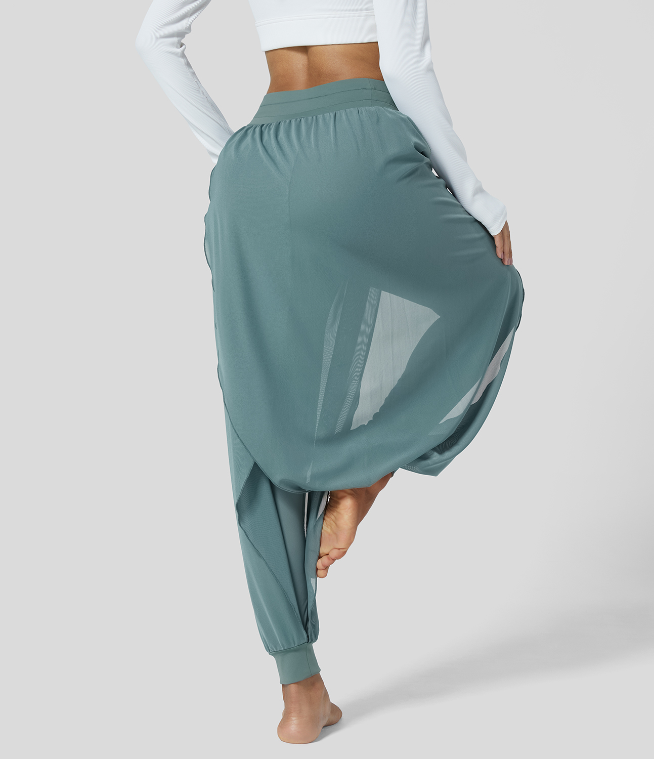 Halara High Waisted Side Drawstring Contrast Mesh Flowy Solid Yoga Joggers  - Mineral Blue - M 