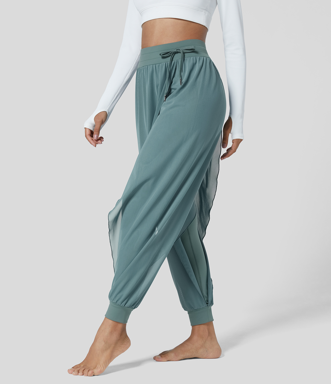 Halara High Waisted Side Drawstring Contrast Mesh Flowy Solid Yoga Joggers  - Mineral Blue - M 