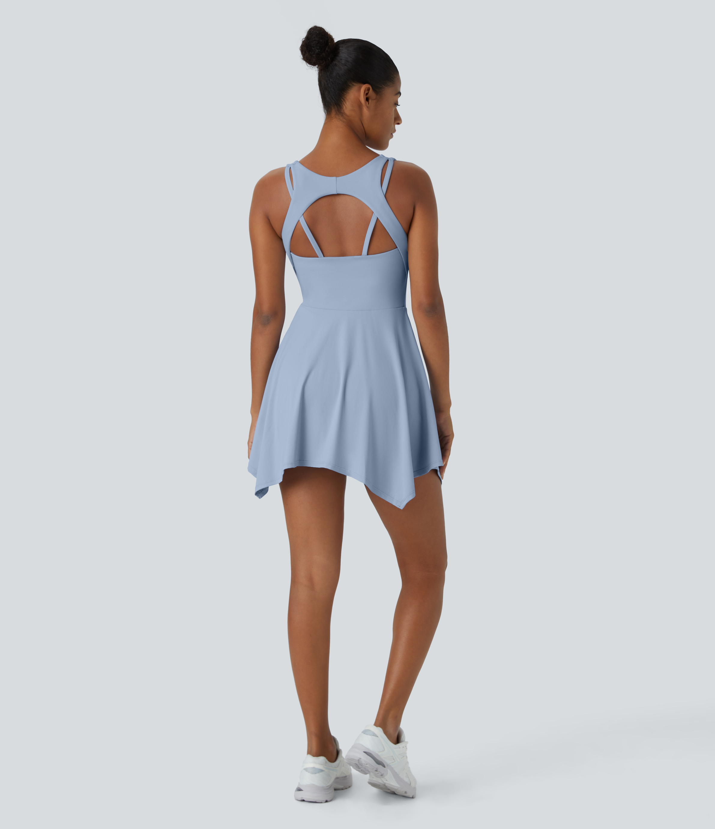 Halara V Neck Backless 2-in-1 Side Pocket Flowy Mini Tennis Active Dress Workout Dress - Light Grey Blue - S 