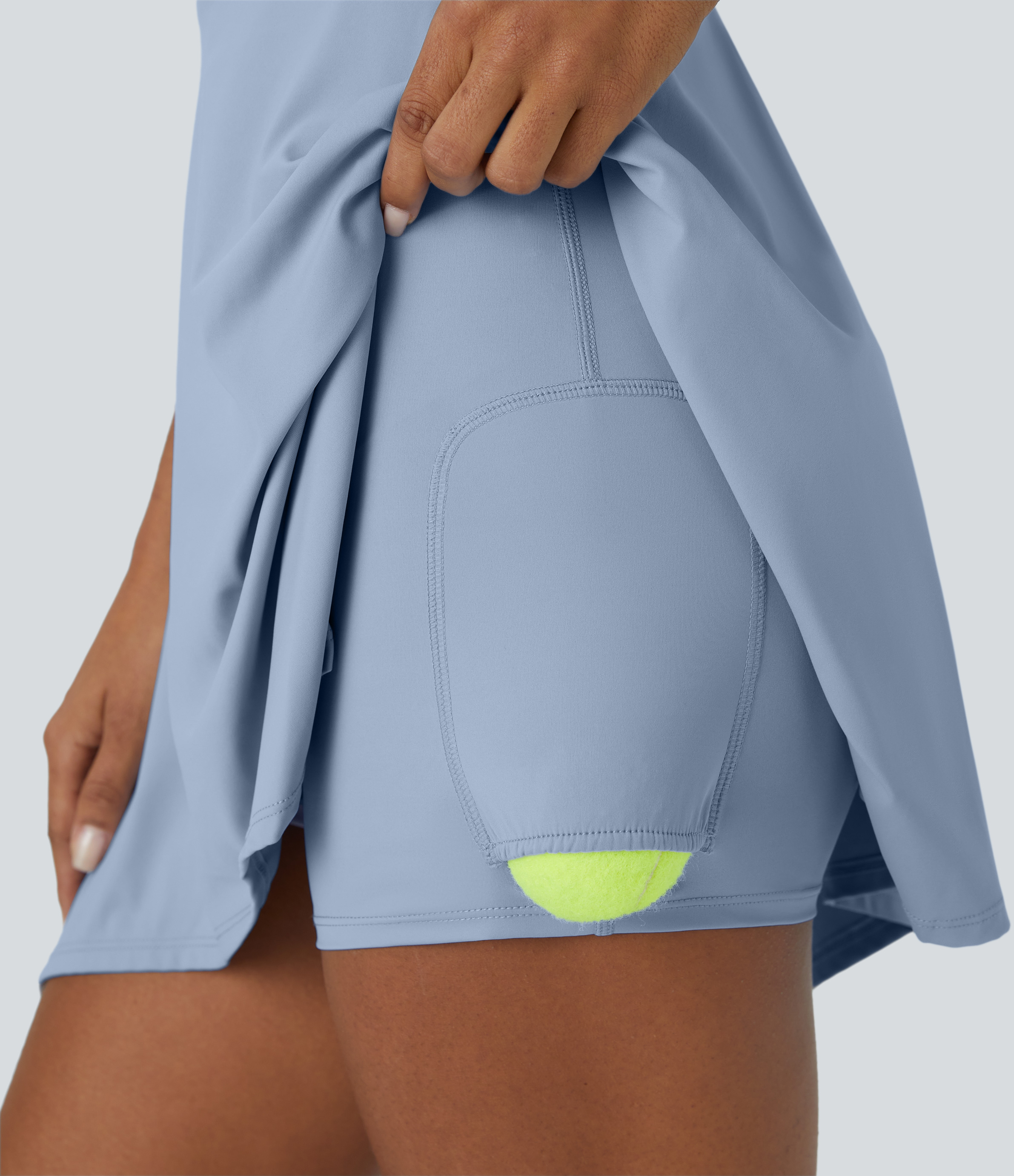 Halara V Neck Backless 2-in-1 Side Pocket Flowy Mini Tennis Active Dress Workout Dress - Light Grey Blue - S 