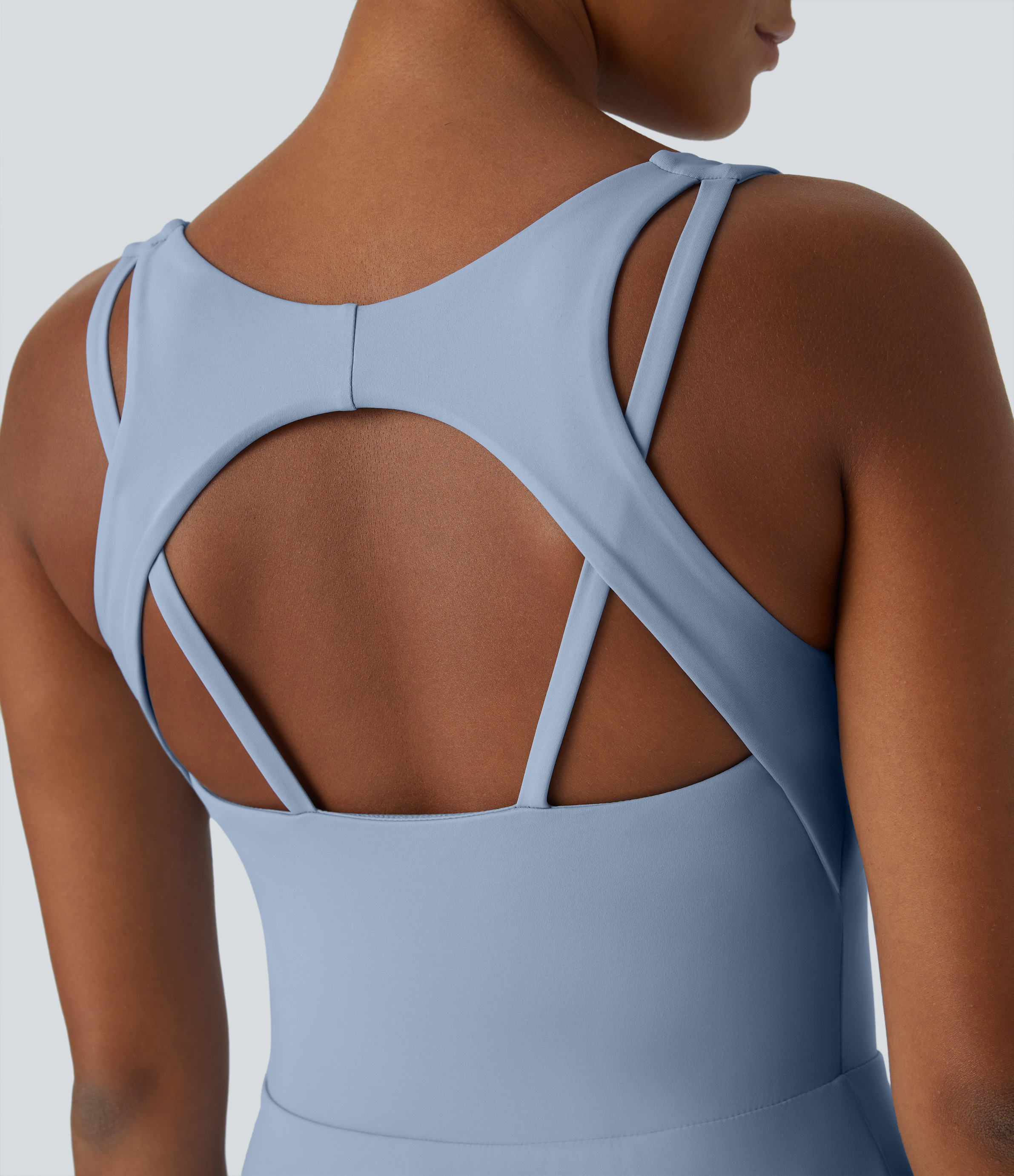 Halara V Neck Backless 2-in-1 Side Pocket Flowy Mini Tennis Active Dress Workout Dress - Light Grey Blue - S 