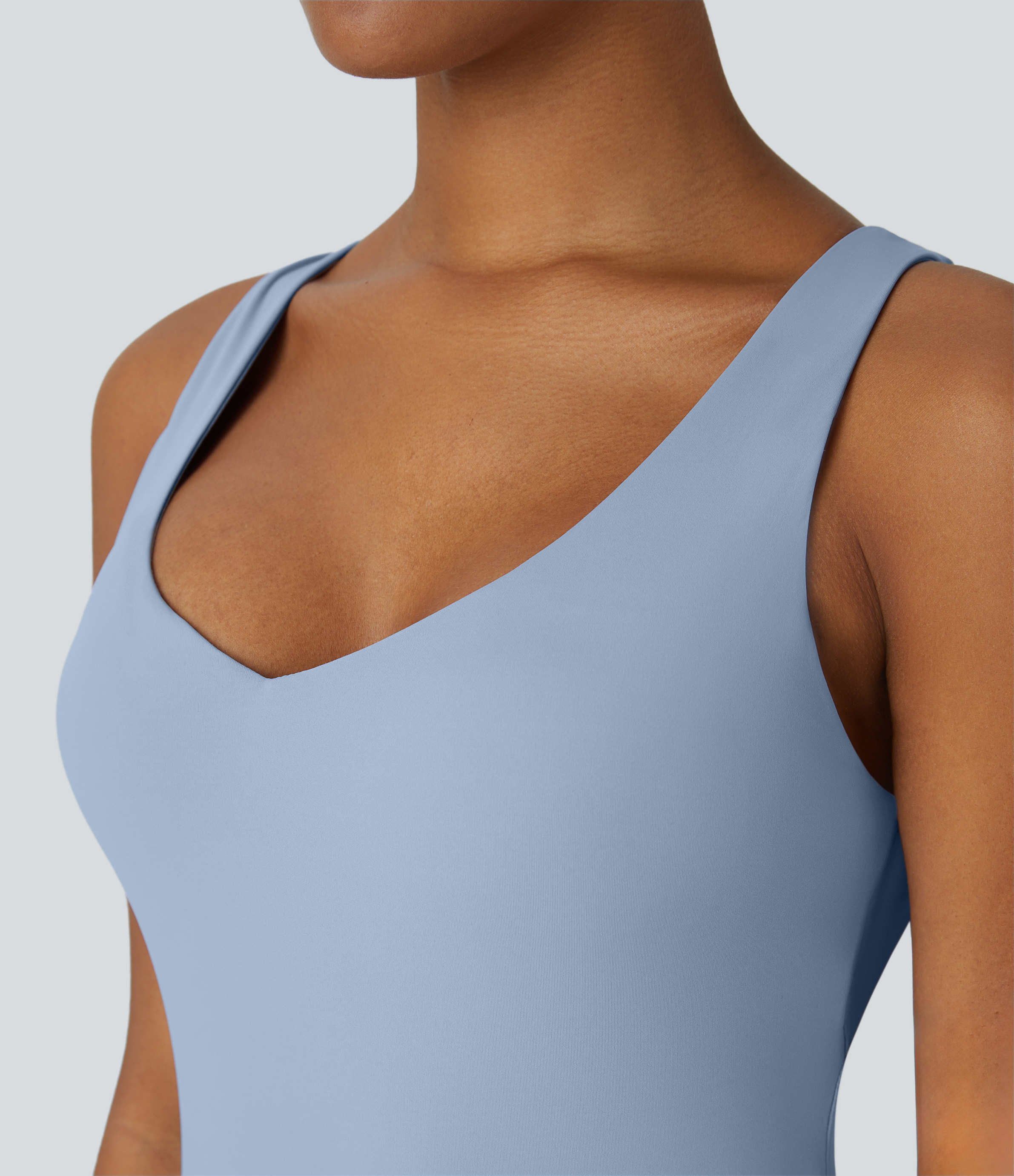 Halara V Neck Backless 2-in-1 Side Pocket Flowy Mini Tennis Active Dress Workout Dress - Light Grey Blue - S 
