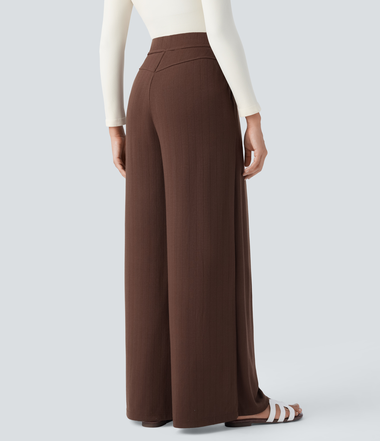Halara Ribbed Knit High Waisted Side Pocket Wide Leg Casual Pants  - Chocolate Fondant - S(regular) sweatpants jogger pants 