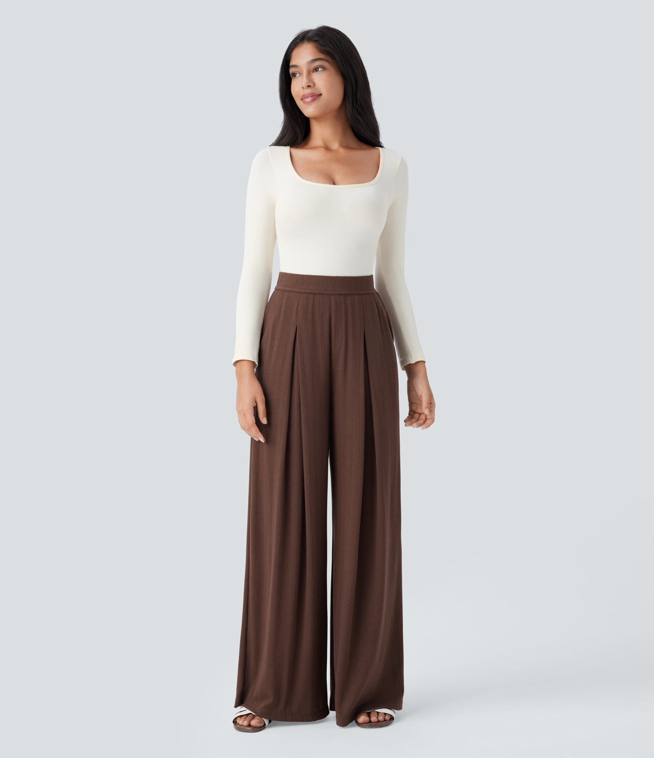 Halara Ribbed Knit High Waisted Side Pocket Wide Leg Casual Pants  - Chocolate Fondant - S(regular) sweatpants jogger pants 