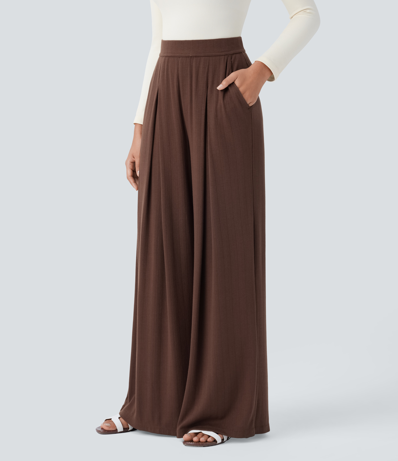 Halara Ribbed Knit High Waisted Side Pocket Wide Leg Casual Pants  - Chocolate Fondant - S(regular) sweatpants jogger pants 