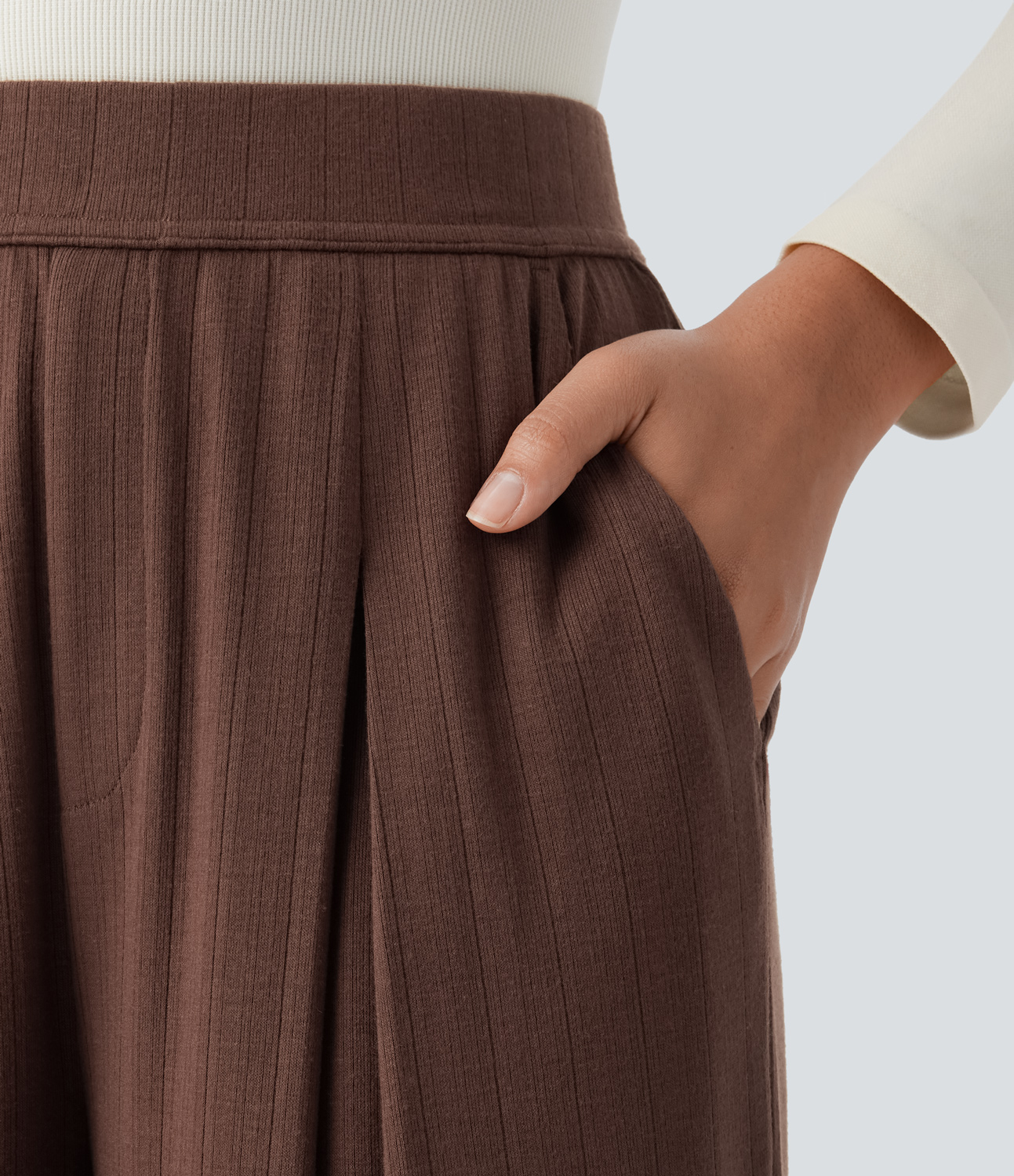 Halara Ribbed Knit High Waisted Side Pocket Wide Leg Casual Pants  - Chocolate Fondant - S(regular) sweatpants jogger pants 