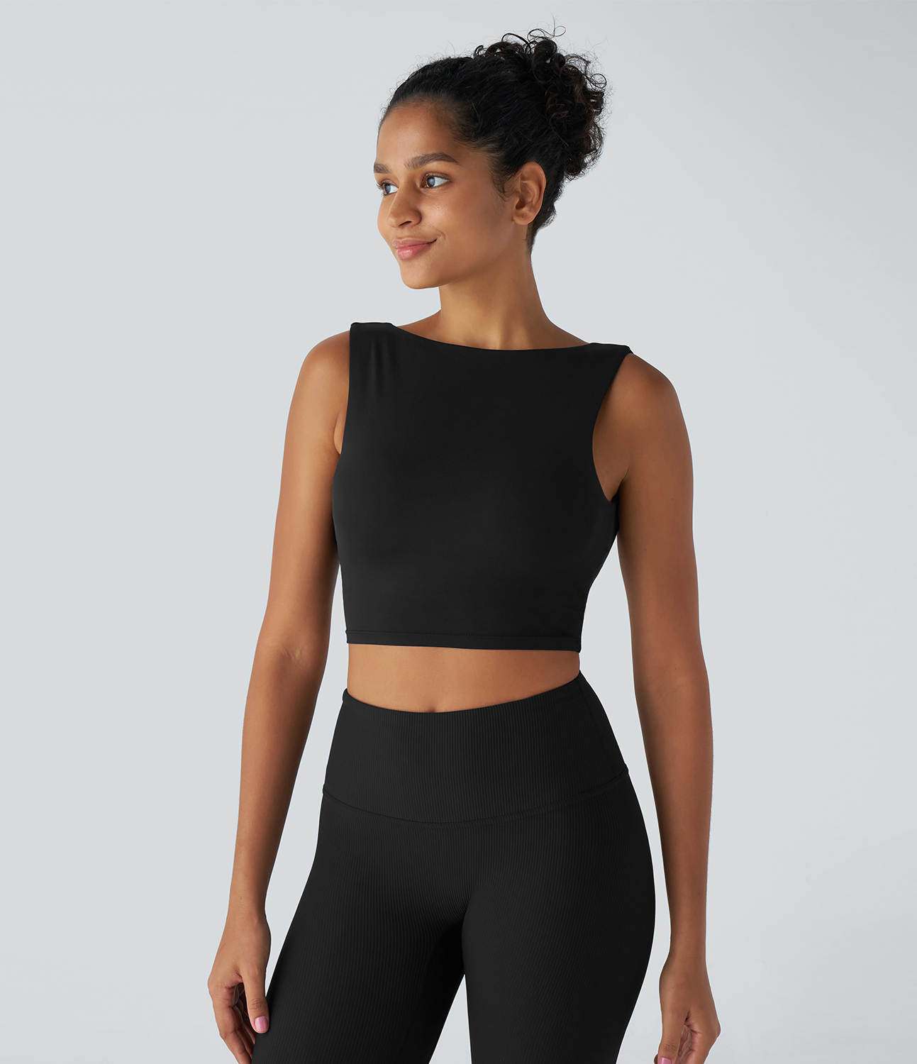 Halara Backless Boat Neck Skinny Cropped Yoga Tank Top Tank Top - Black - XS golf tops halter top tunic tops sleeveless tops backless top 