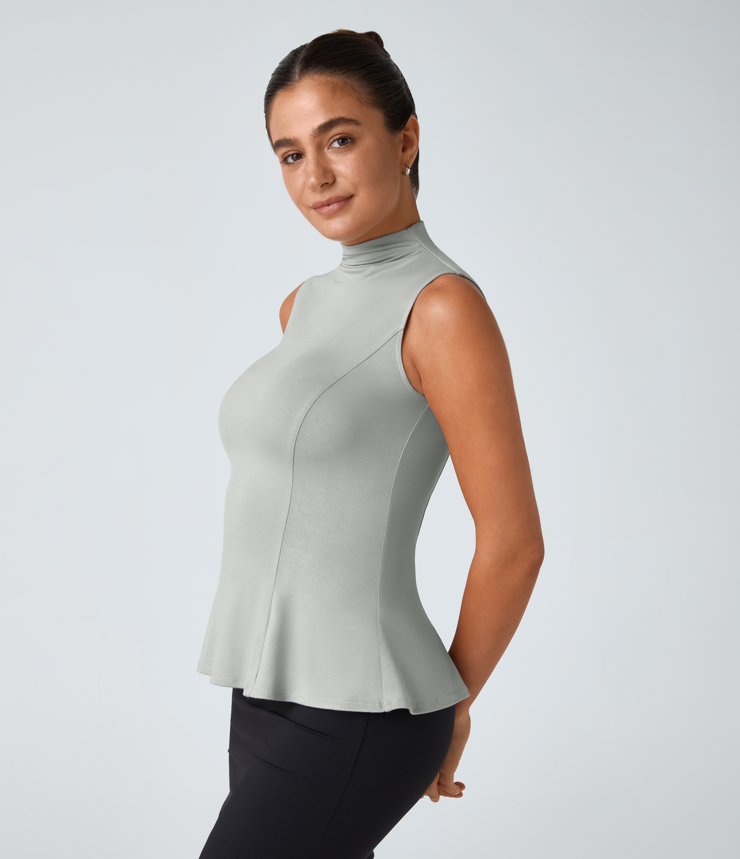 Halara Funnel Neck Peplum Casual Tank Top Tank Top - Greenish Grey - S golf tops halter top tunic tops sleeveless tops backless top 