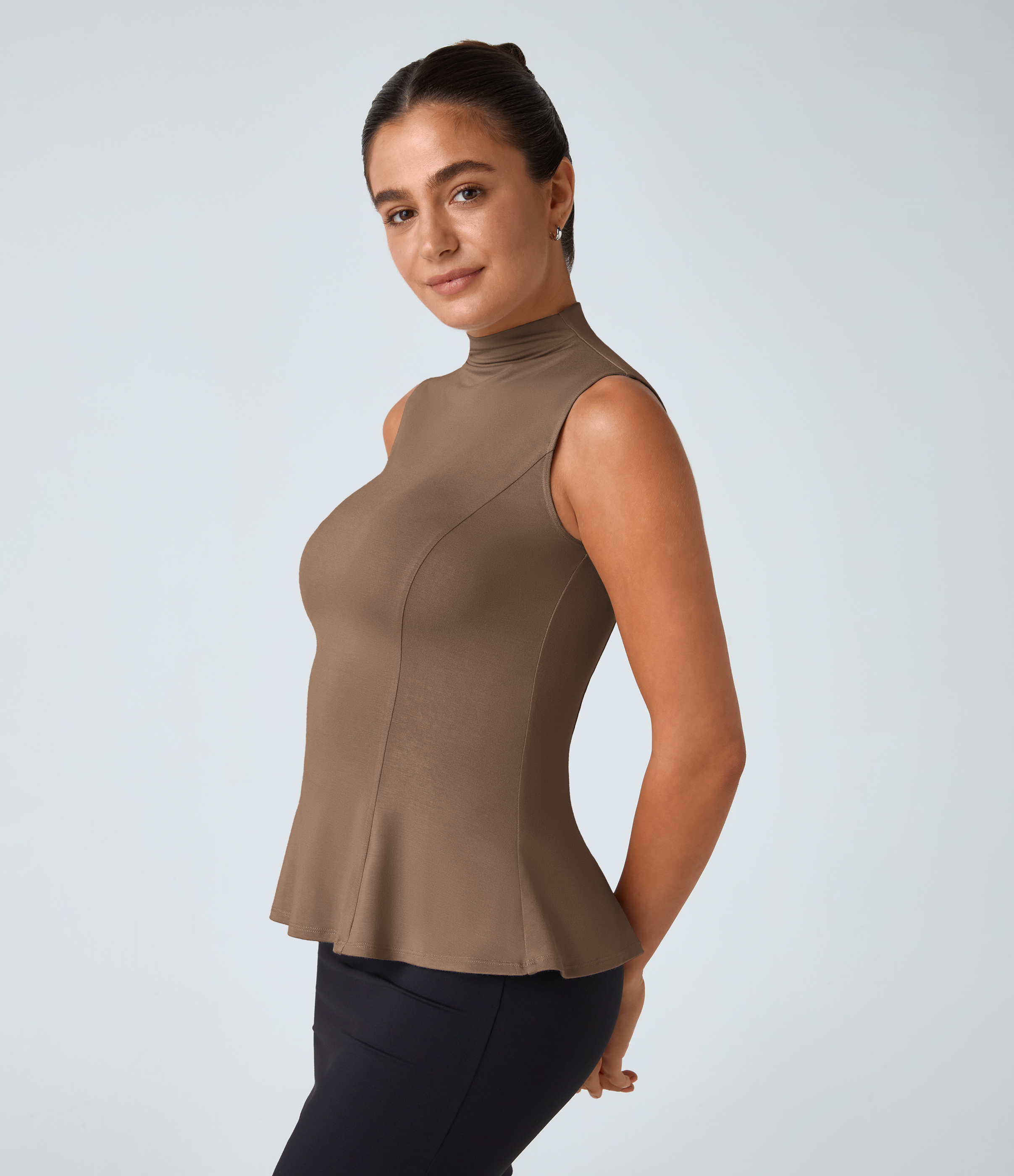 Halara Funnel Neck Peplum Casual Tank Top Tank Top - Camellia Brown - M golf tops halter top tunic tops sleeveless tops backless top 