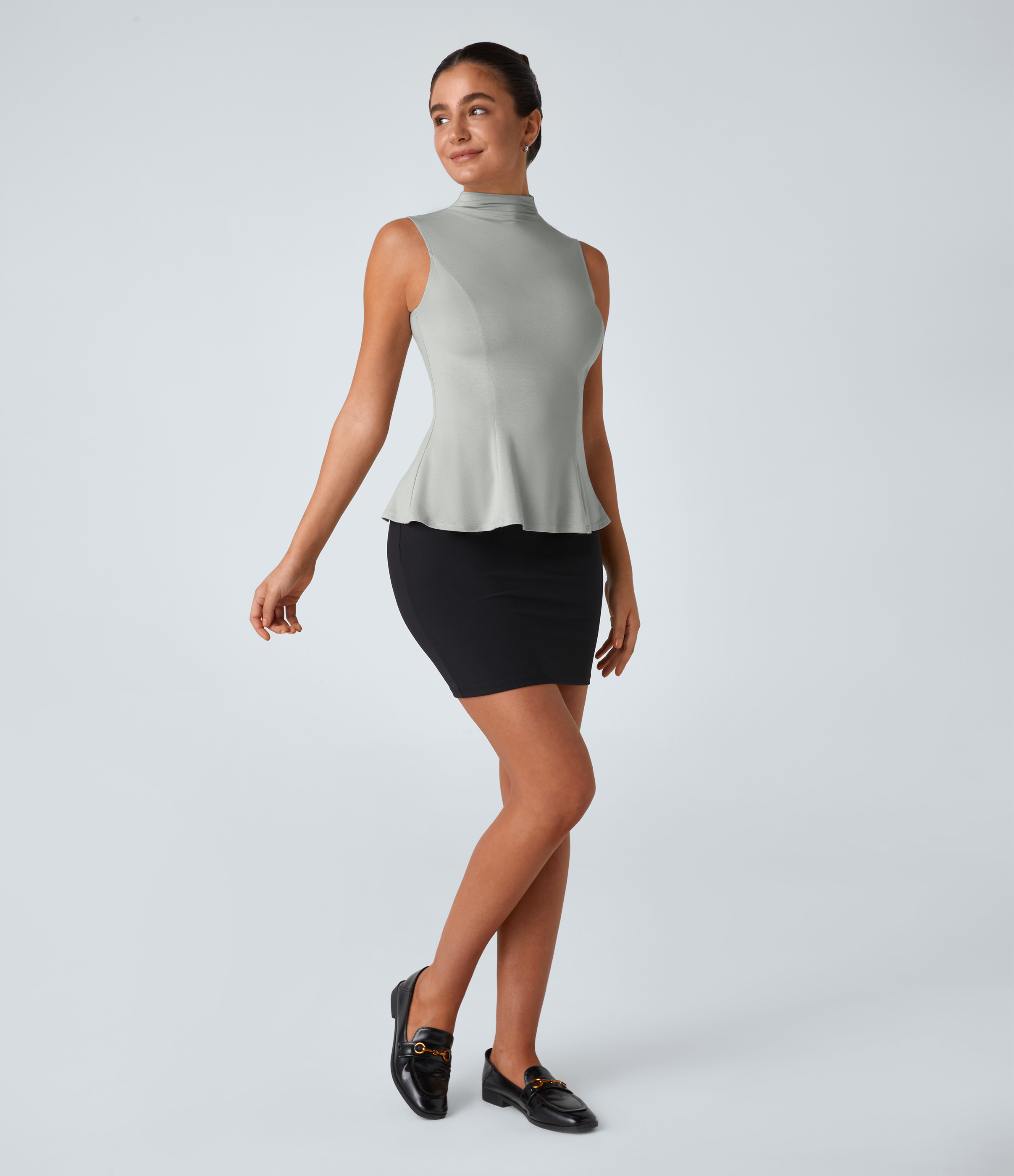 Halara Funnel Neck Peplum Casual Tank Top Tank Top - Greenish Grey - S golf tops halter top tunic tops sleeveless tops backless top 