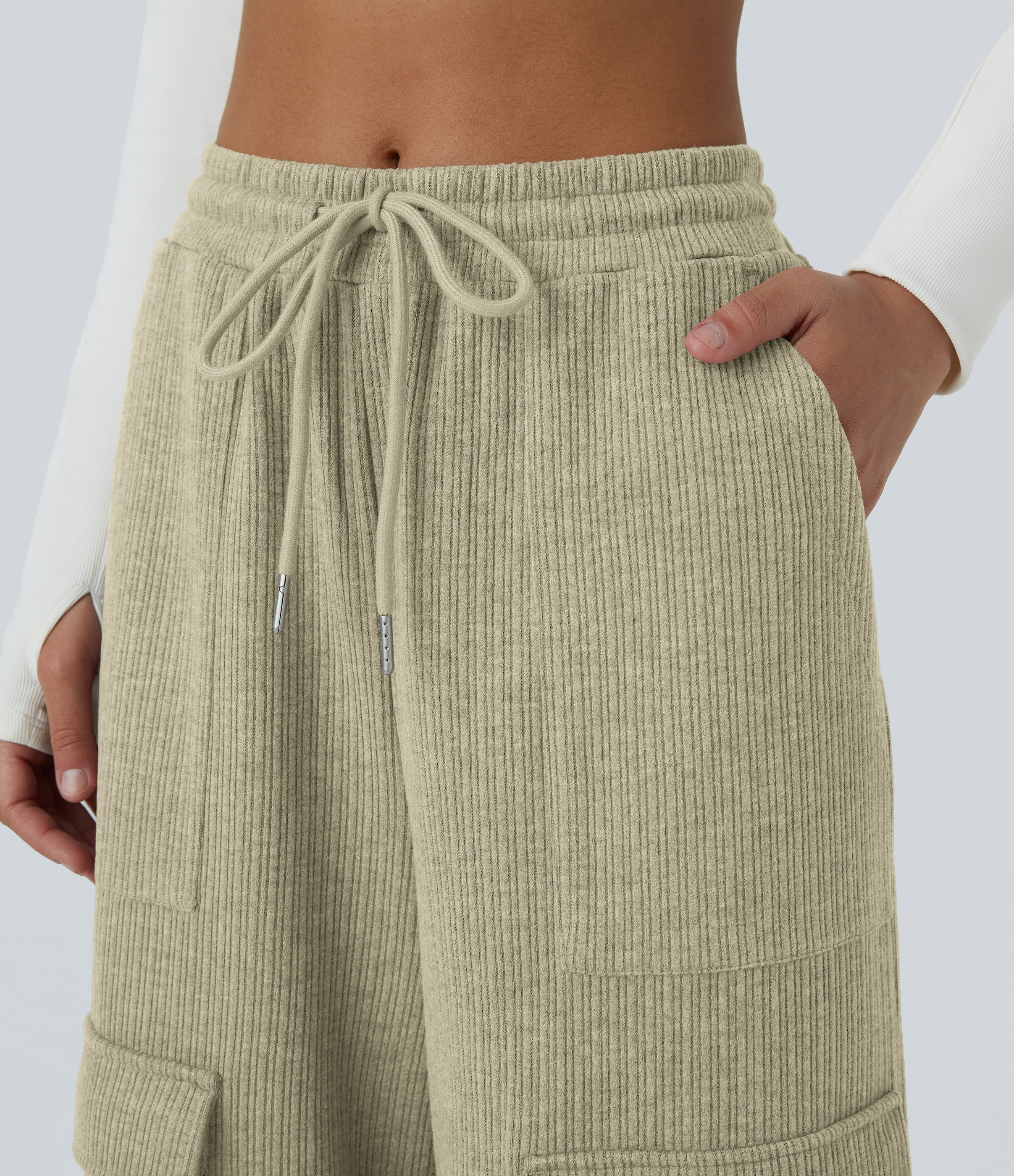 Halara Ribbed Mid Rise Drawstring Multiple Pockets Wide Leg Cargo Casual Pants  - Gray Green - S(regular) sweatpants jogger pants 