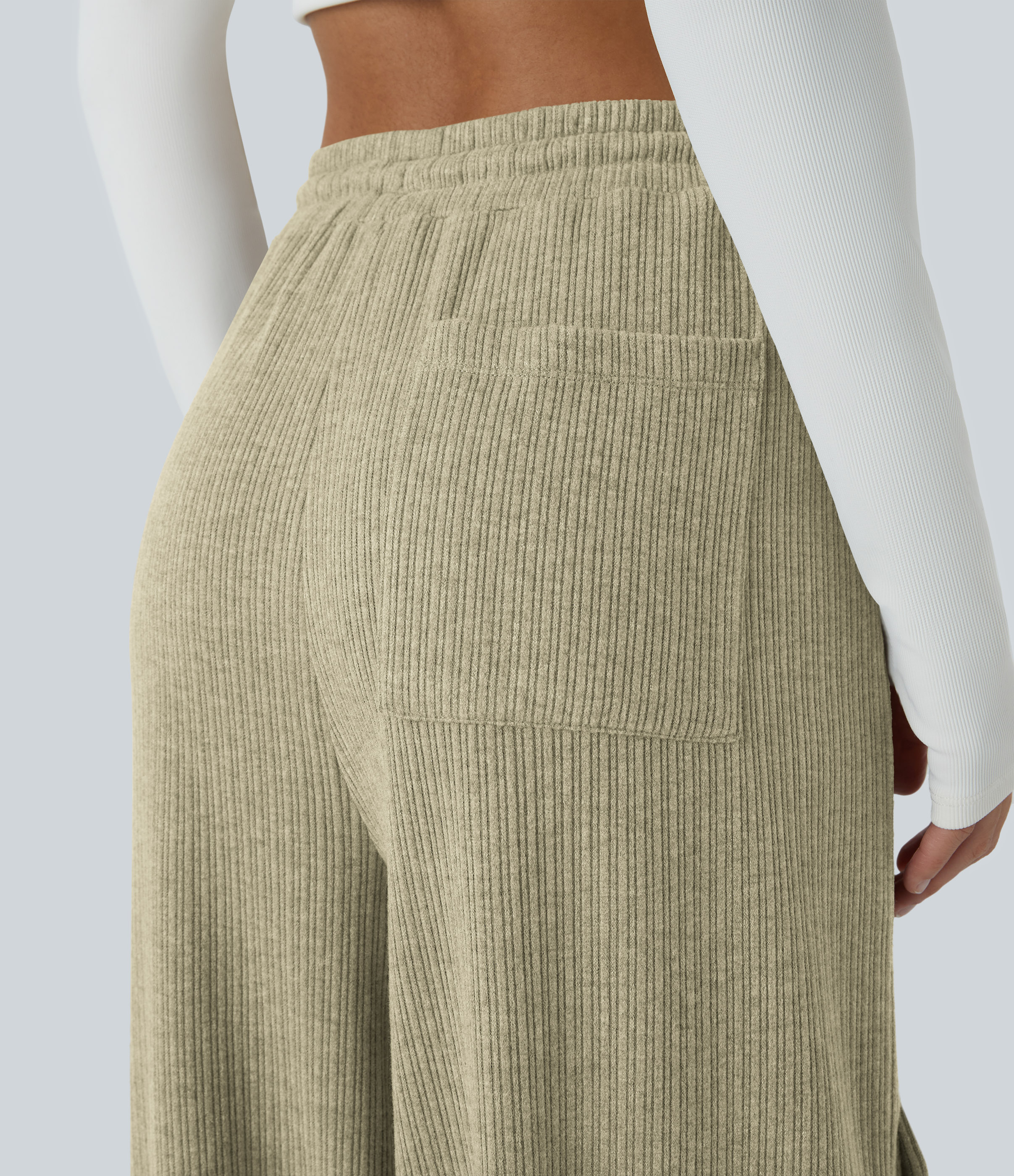 Halara Ribbed Mid Rise Drawstring Multiple Pockets Wide Leg Cargo Casual Pants  - Gray Green - S(regular) sweatpants jogger pants 