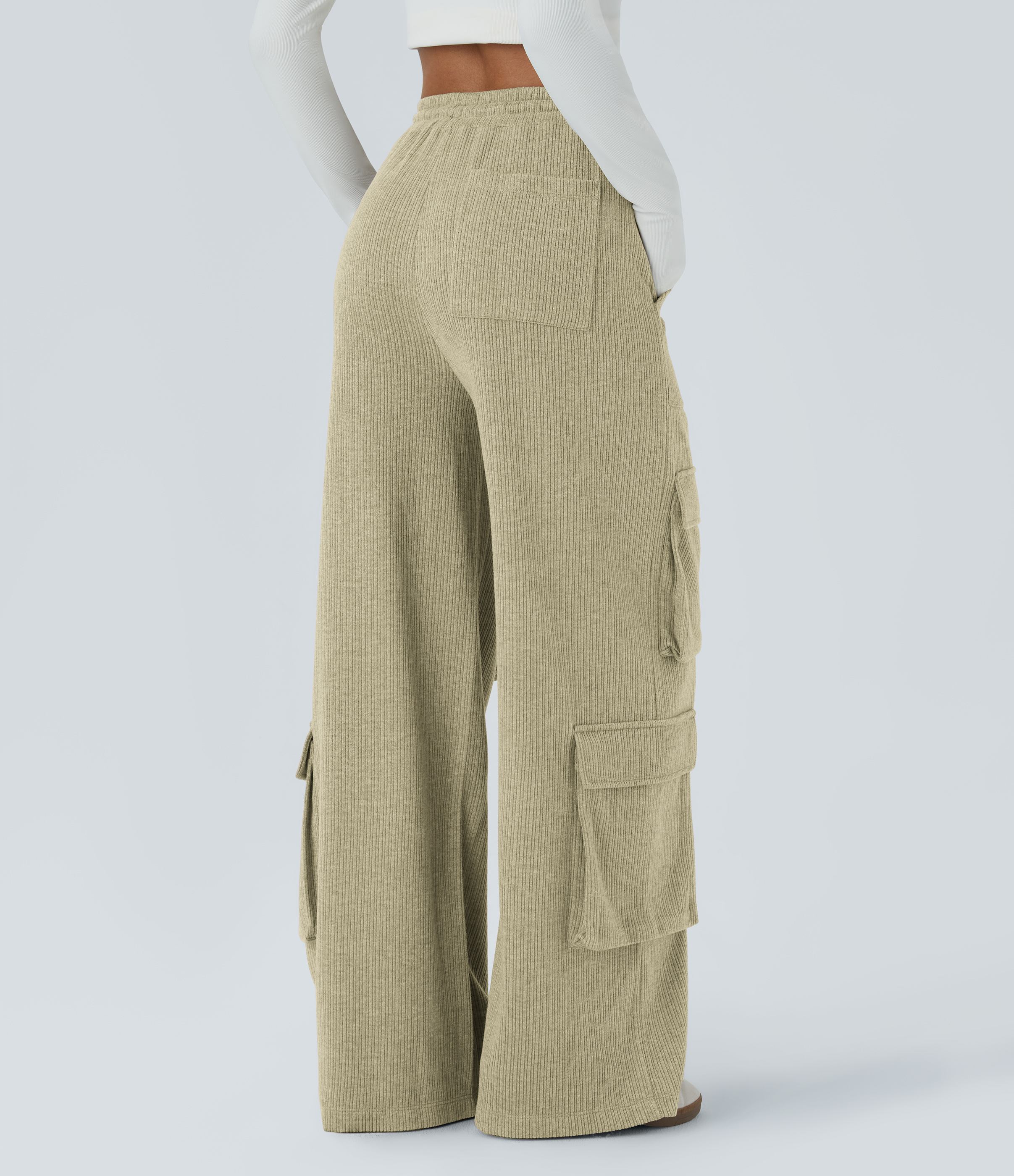 Halara Ribbed Mid Rise Drawstring Multiple Pockets Wide Leg Cargo Casual Pants  - Gray Green - S(regular) sweatpants jogger pants 