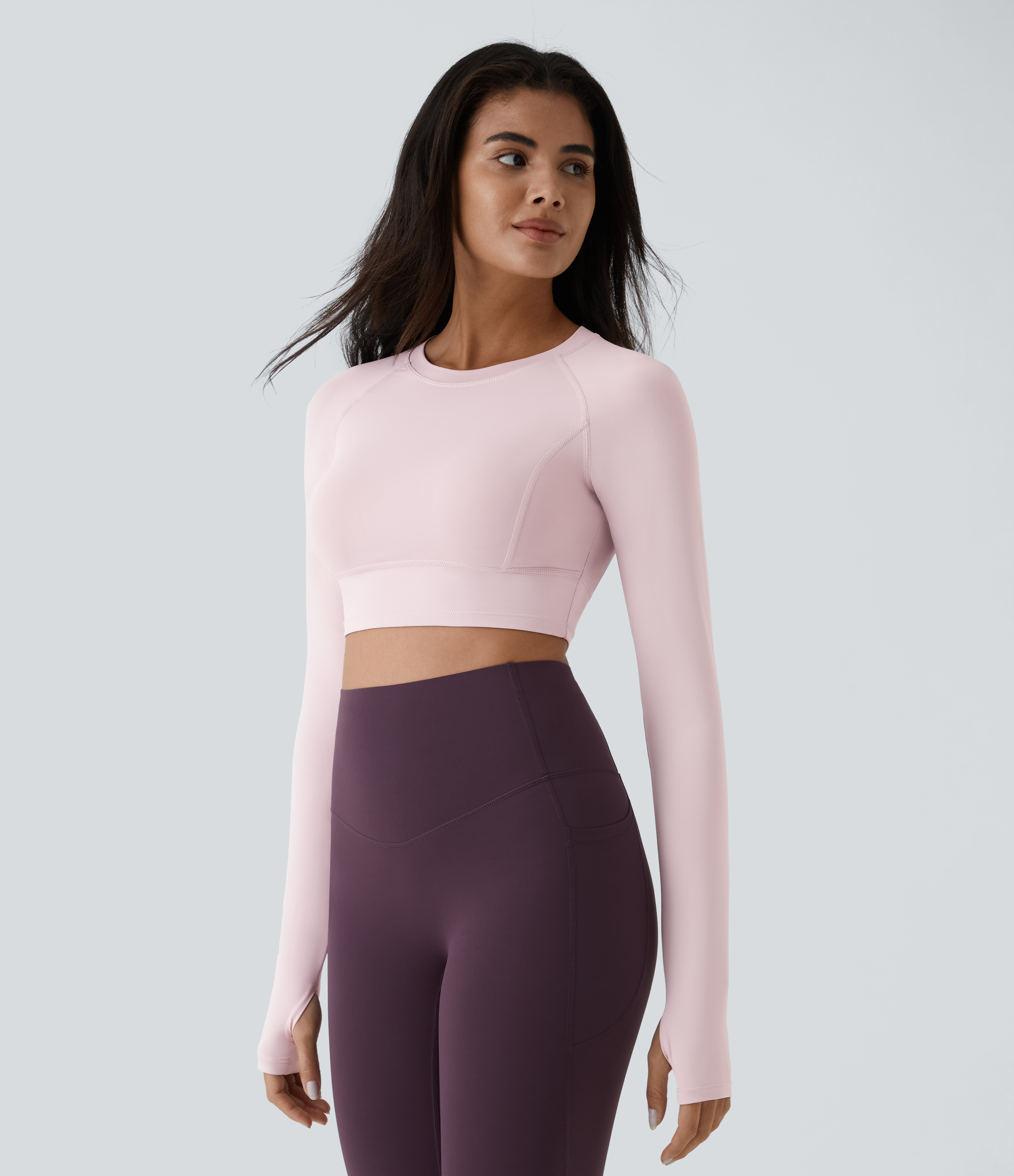 Halara Solid Thumb Hole Cropped Yoga Sports Top  - Pale Lilac - S 