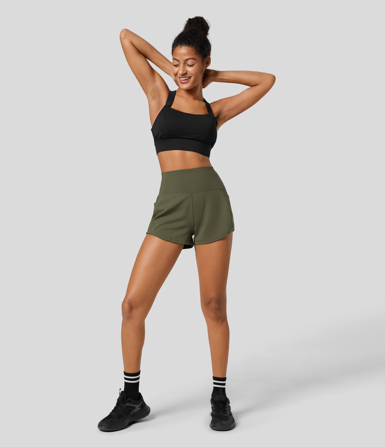 Halara SpeedWaveв„ў High Waisted Inside Drawstring Side Pocket Curved Hem Quick Dry Workout Shorts 2`` Gym Short - Grass Grey Green - S 