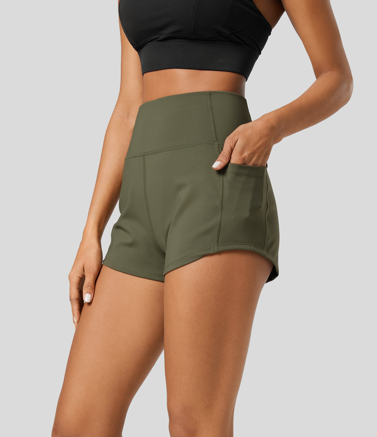 Halara SpeedWaveв„ў High Waisted Inside Drawstring Side Pocket Curved Hem Quick Dry Workout Shorts 2`` Gym Short - Grass Grey Green - S 