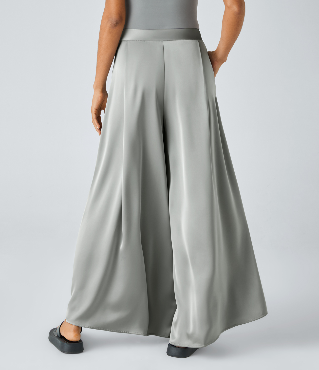Halara High Waisted Plicated Invisible Zipper Side Pocket Wide Leg Satin-Like Casual Pants  - Belgian Block - L(regular) sweatpants 