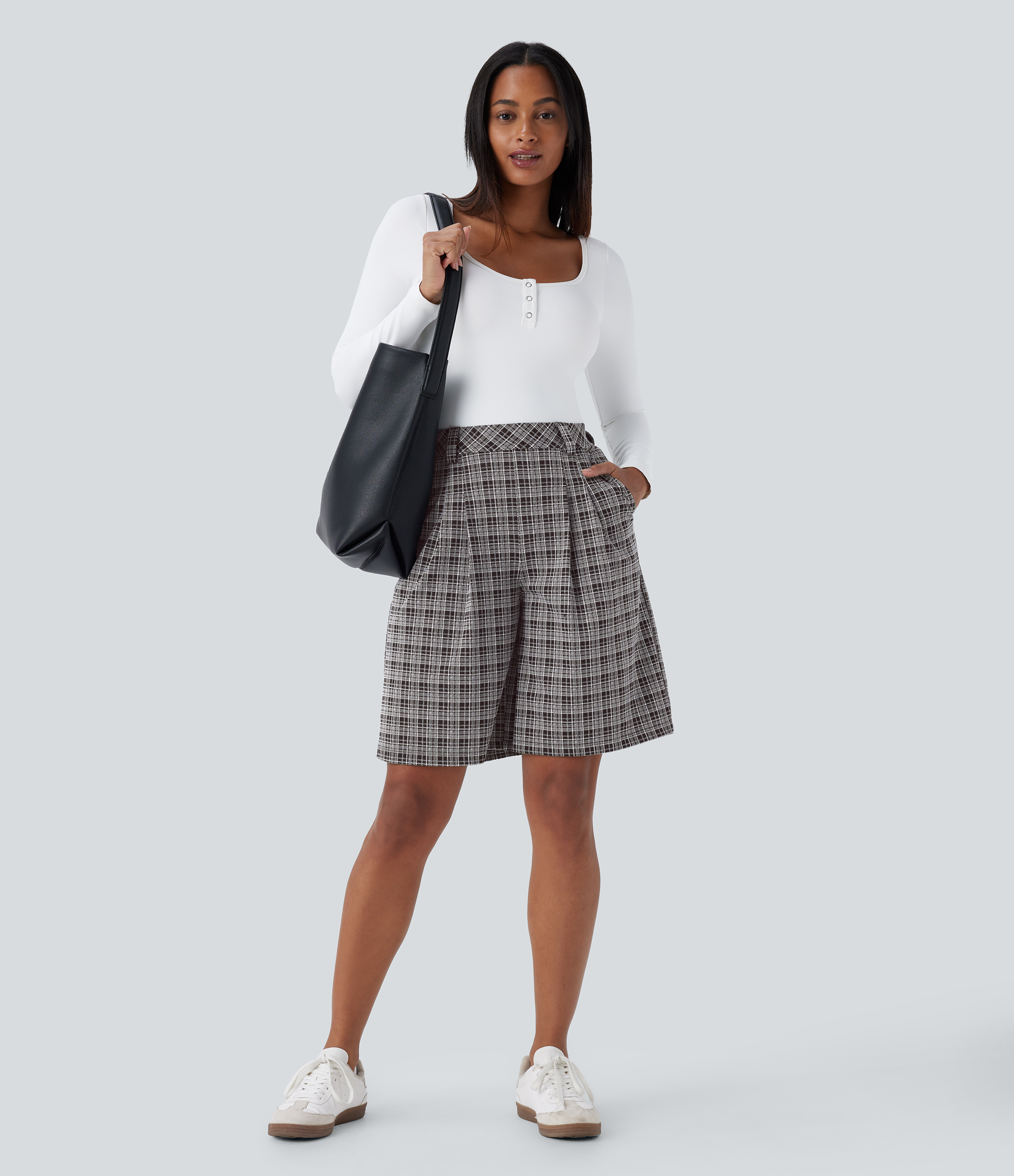 Halara High Waisted Side Pocket Plaid Work Bermuda Shorts  - Black White Plaid Pattern - M booty shorts compression shorts yoga shorts 