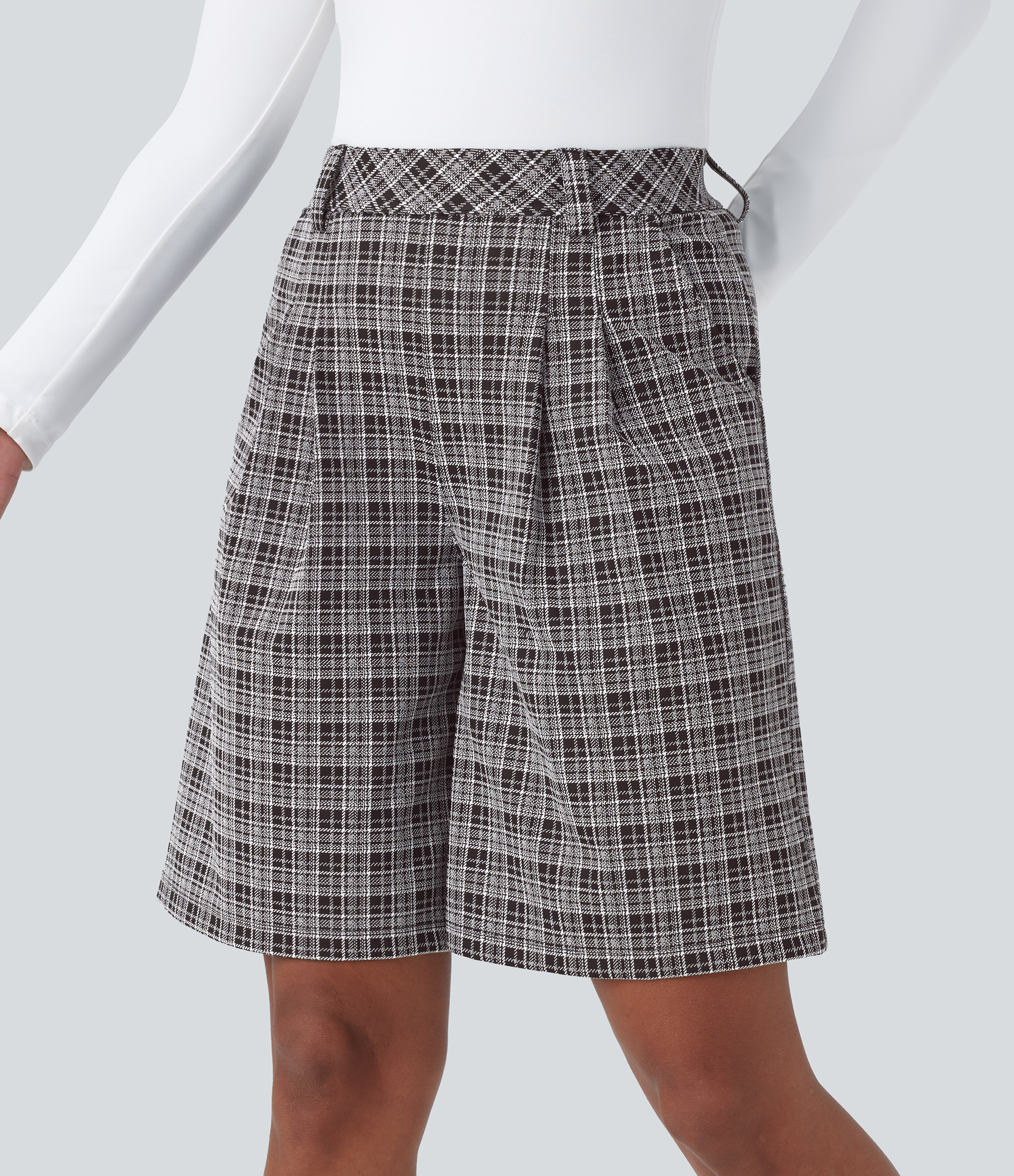 Halara High Waisted Side Pocket Plaid Work Bermuda Shorts  - Black White Plaid Pattern - M booty shorts compression shorts yoga shorts 