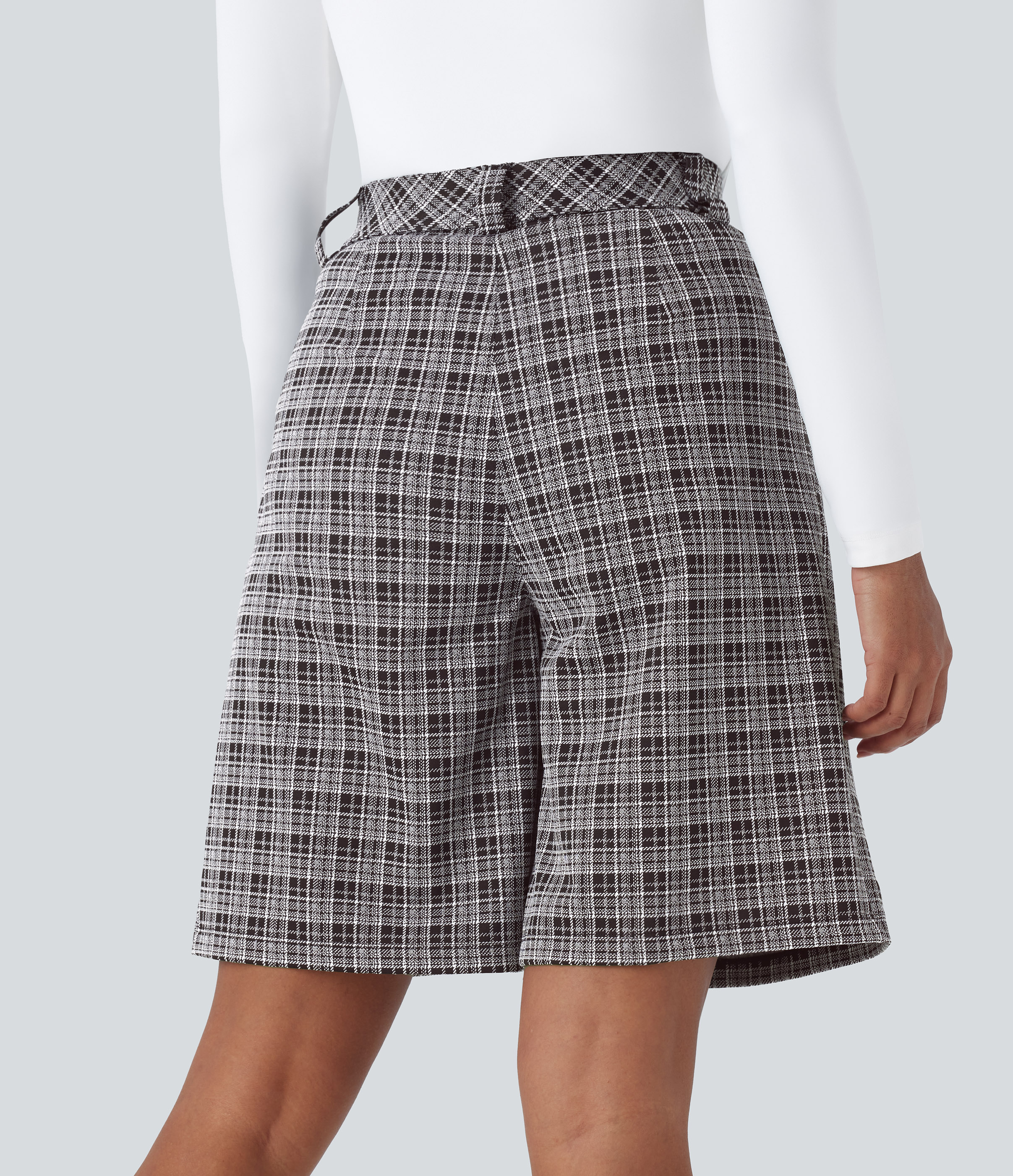 Halara High Waisted Side Pocket Plaid Work Bermuda Shorts  - Black White Plaid Pattern - M booty shorts compression shorts yoga shorts 