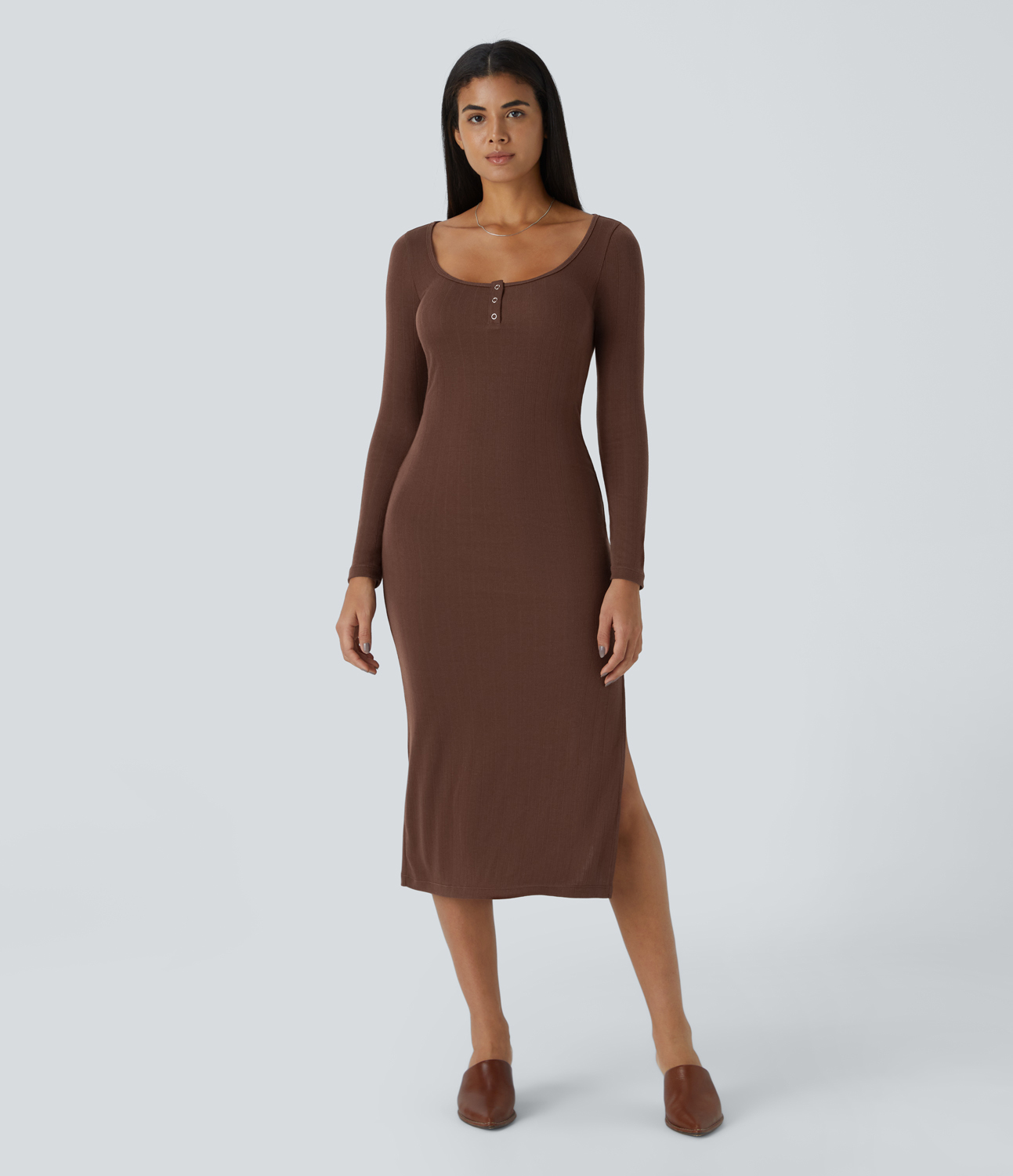 Halara U Neck Button Long Sleeve Bodycon Split Midi Casual Dress Casual Dress - Chocolate Fondant - XS slip dress beach dress ruched dress 