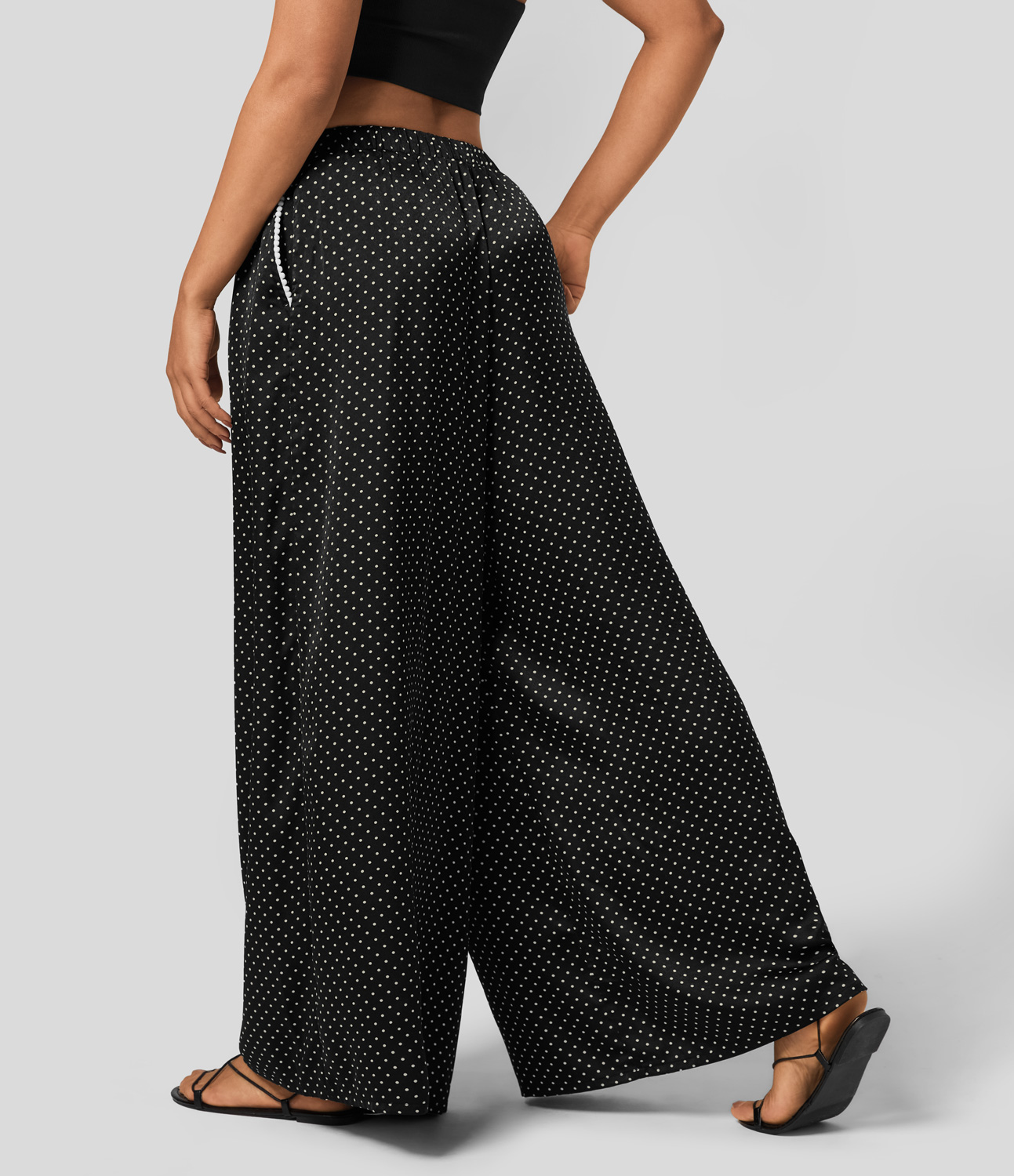 Halara Mid Rise Plicated Side Pocket Wide Leg Polka Dot Flowy Resort Pants  - Black Polka Dots - XS(regular) sweatpants jogger pants 