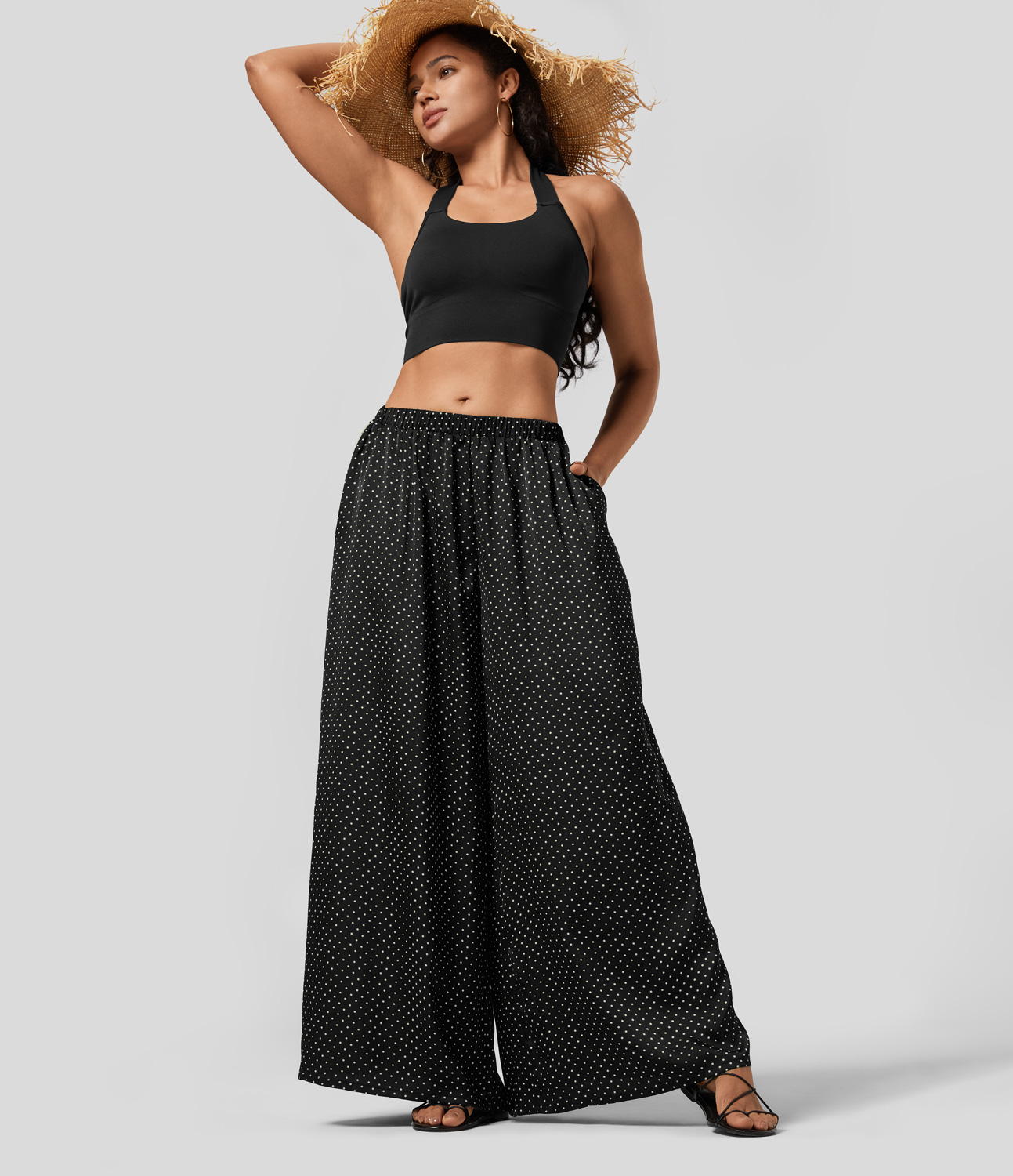 Halara Mid Rise Plicated Side Pocket Wide Leg Polka Dot Flowy Resort Pants  - Black Polka Dots - XS(regular) sweatpants jogger pants 