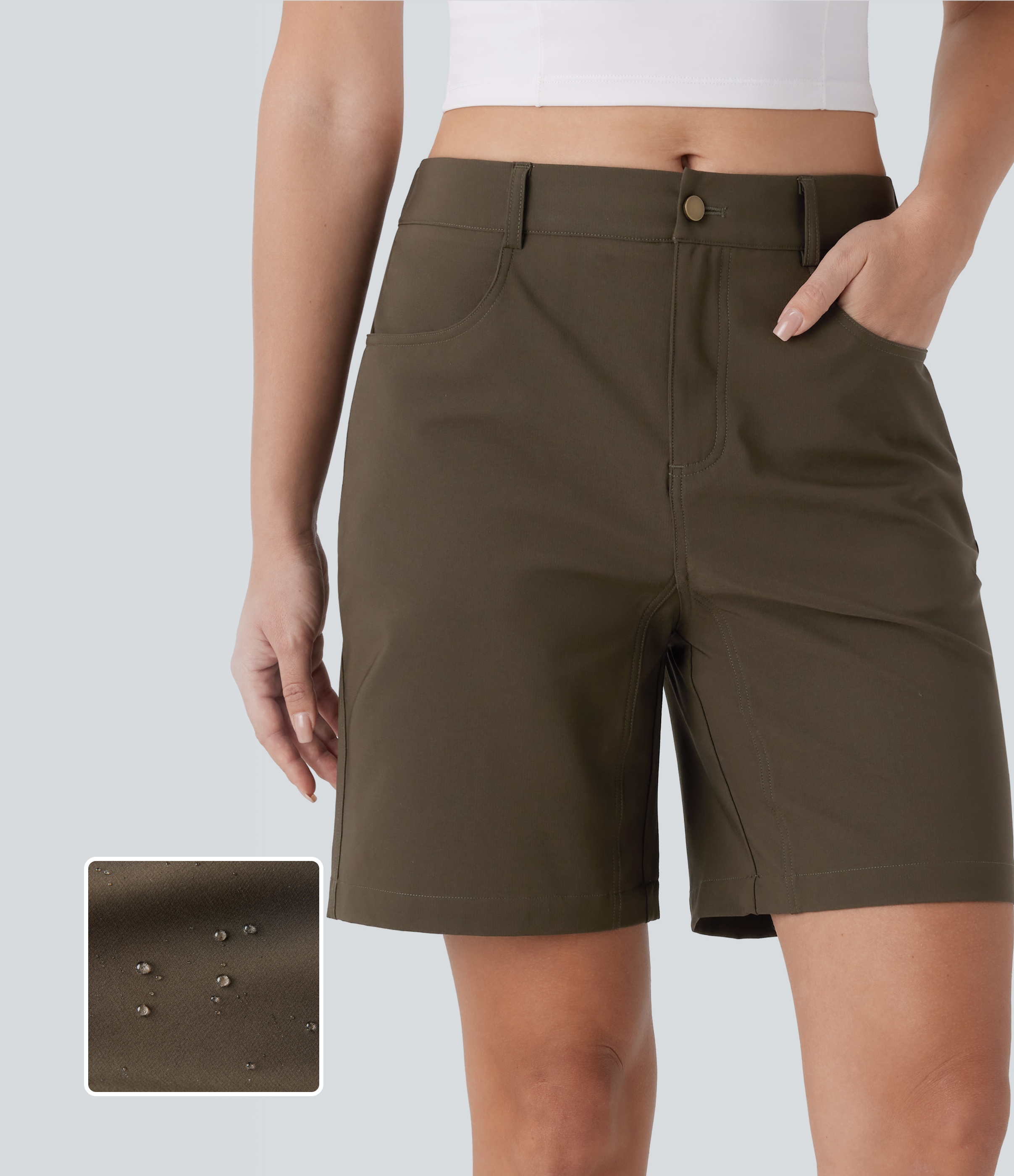 Halara Water Repellent Mid Rise Button Zipper Multiple Pockets Hiking Shorts 7`` Gym Short - Deep Sage - L booty shorts compression shorts 