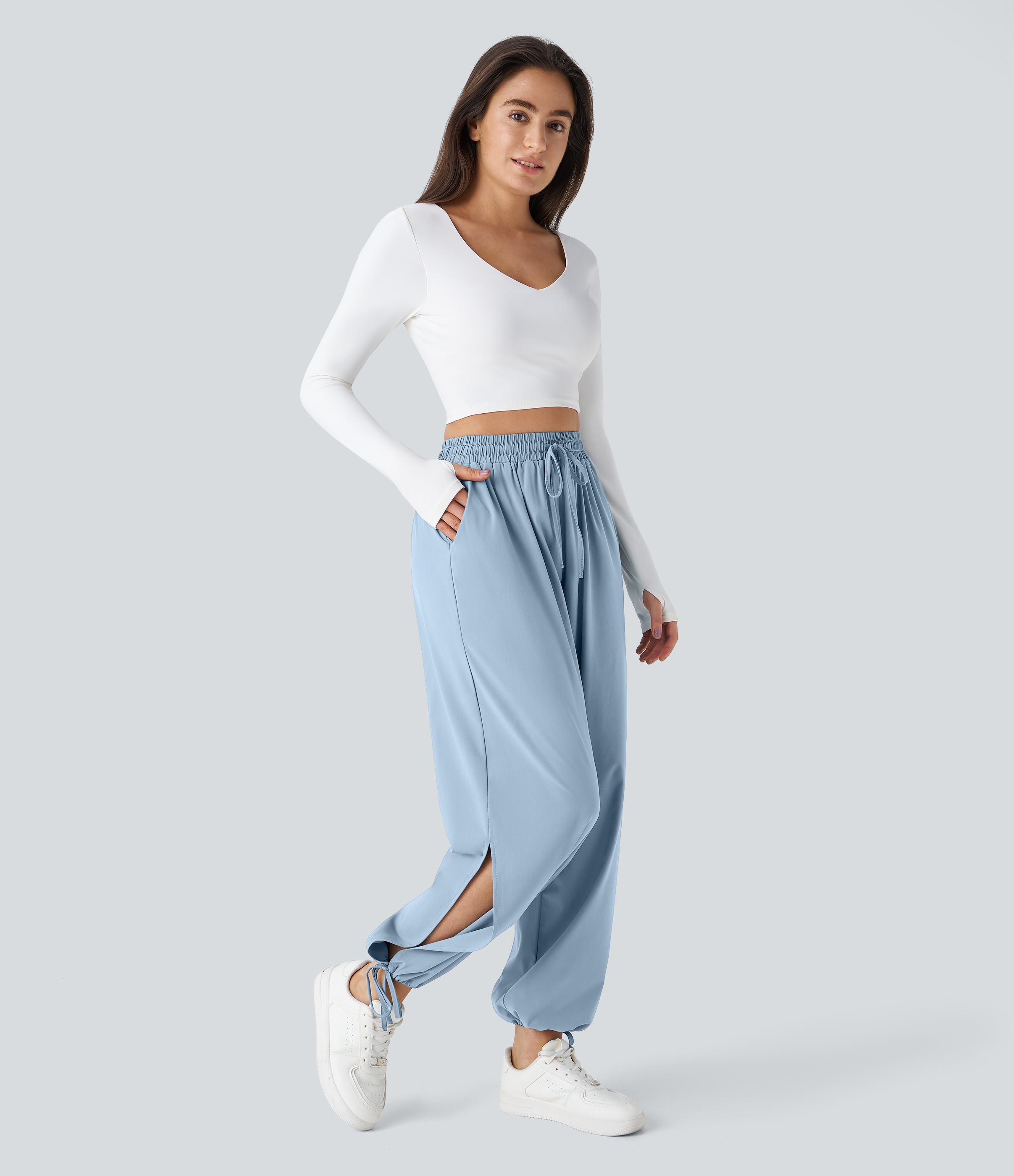 Halara Breezefulв„ў High Waisted Drawstring Side Pocket Split Hem Quick Dry Casual Joggers  - Thin Ice Blue - S 